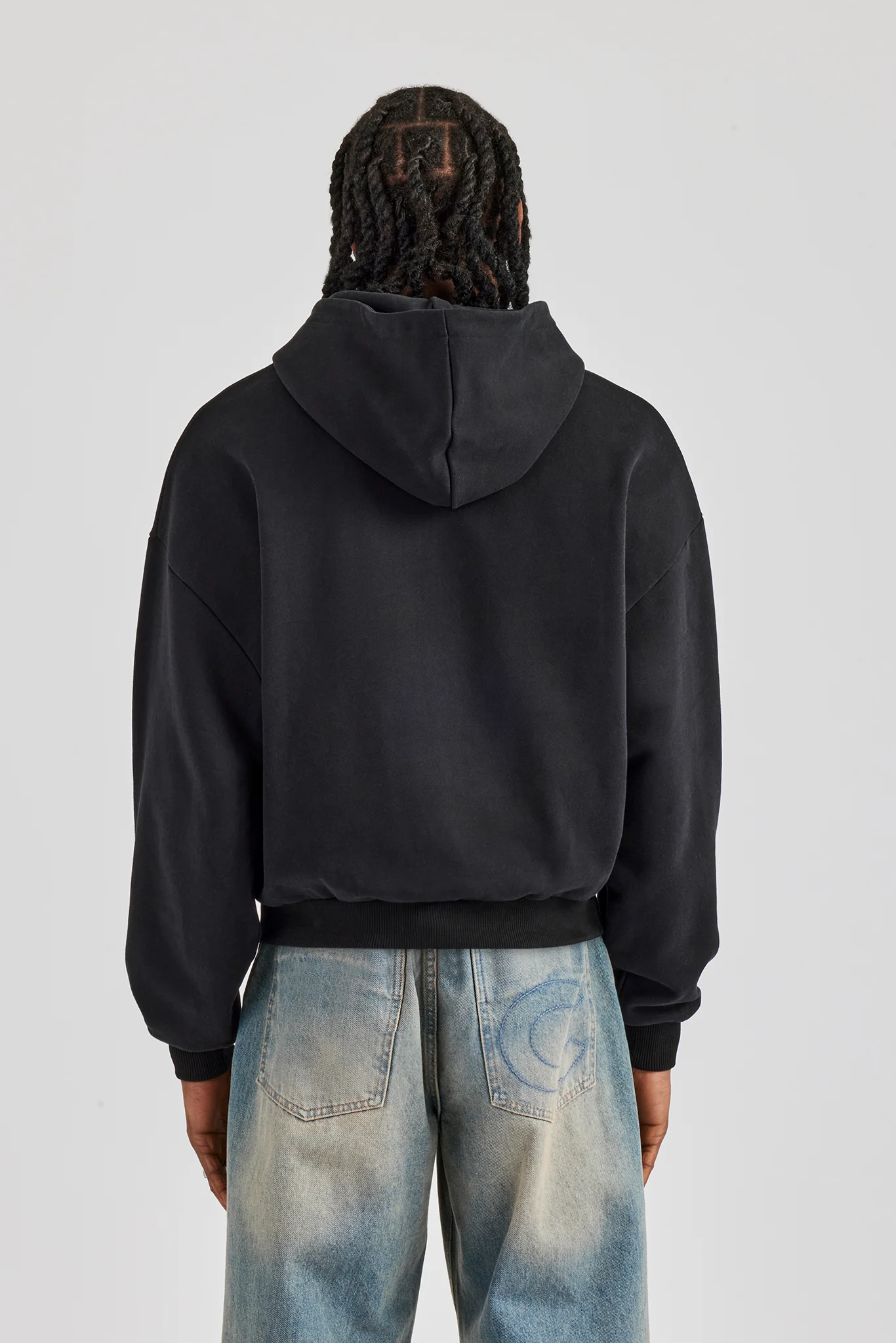 Embroidered C Boxy Zip Through Hoodie - Black - Image 3