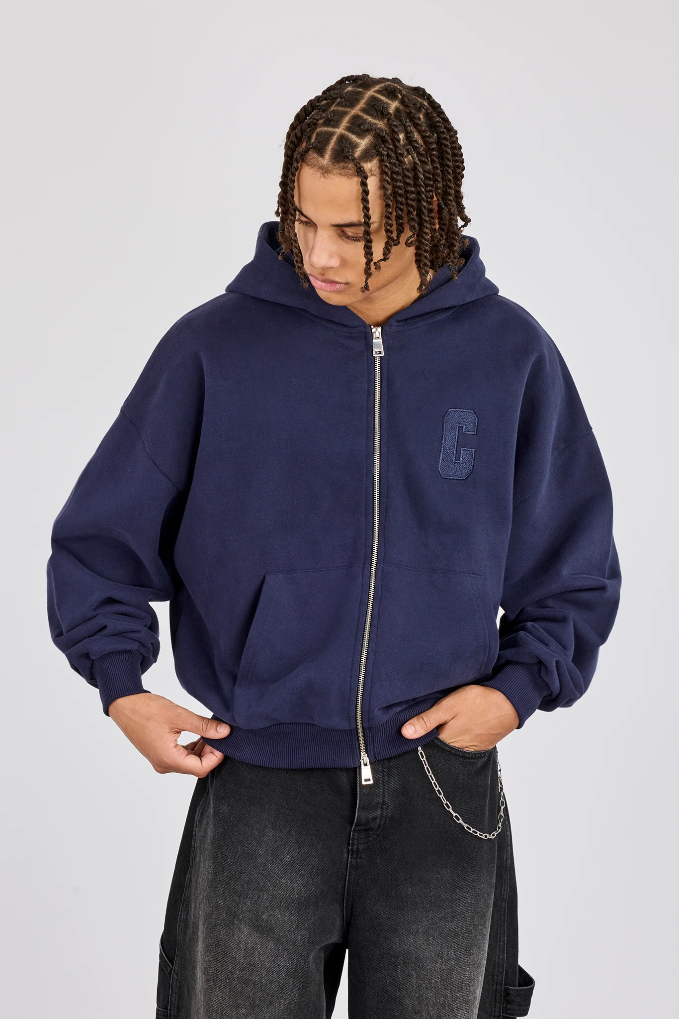 Embroidered C Boxy Zip Through Hoodie - Navy Blue