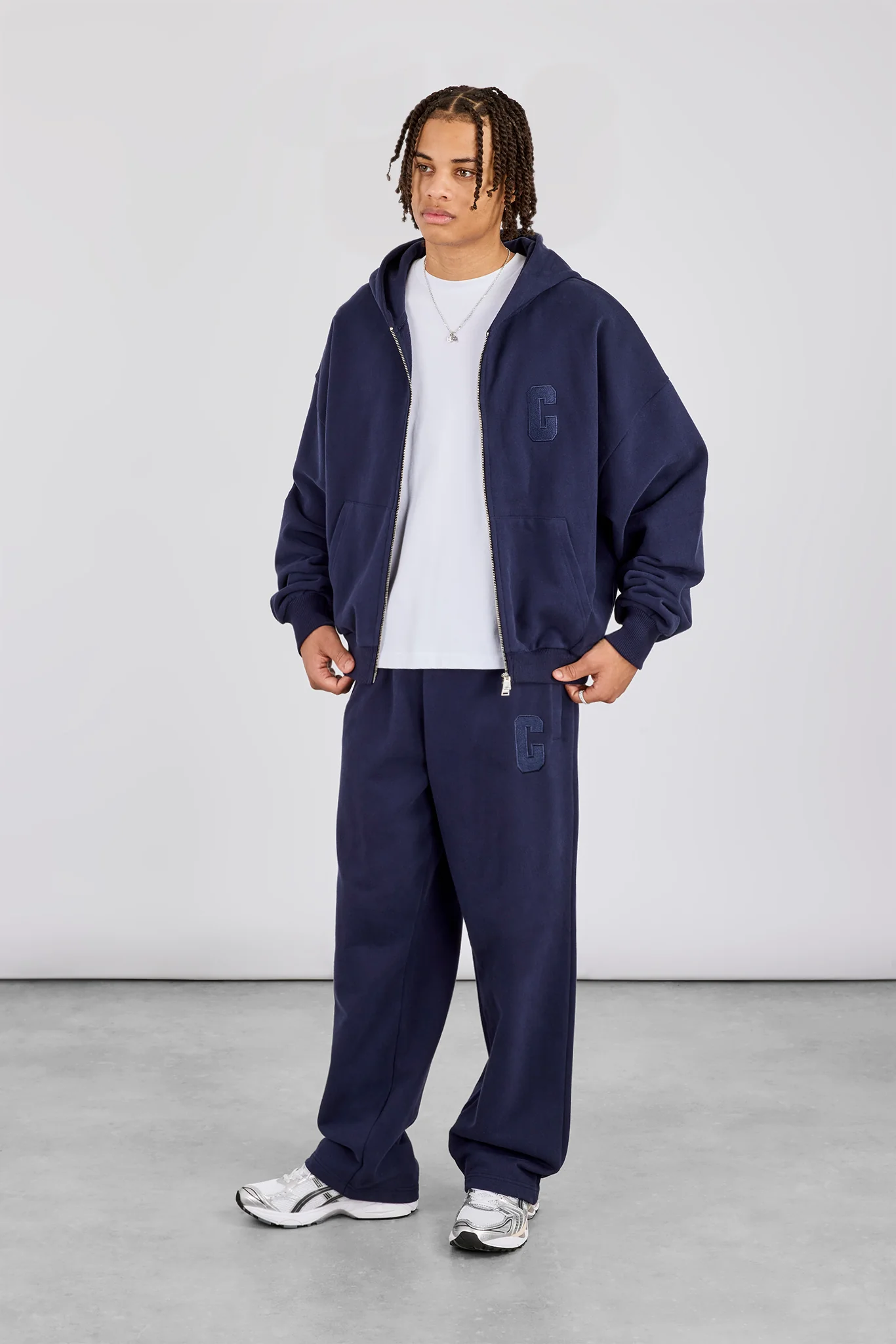 Embroidered C Boxy Zip Through Hoodie & Relaxed Jogger - Navy Blue - Image 2