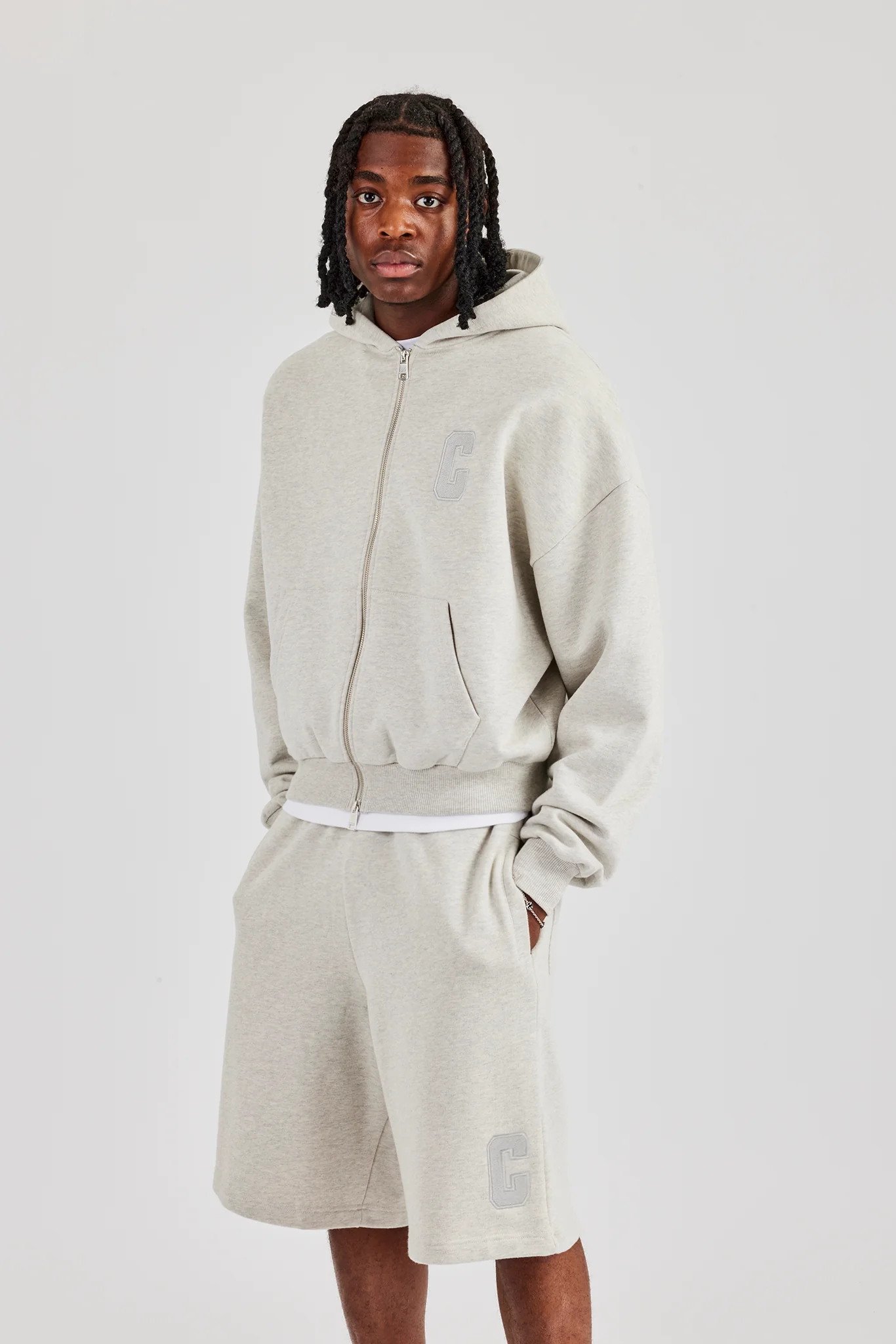 Embroidered C Boxy Zip Through Hoodie & Short - Ash Grey - Image 4