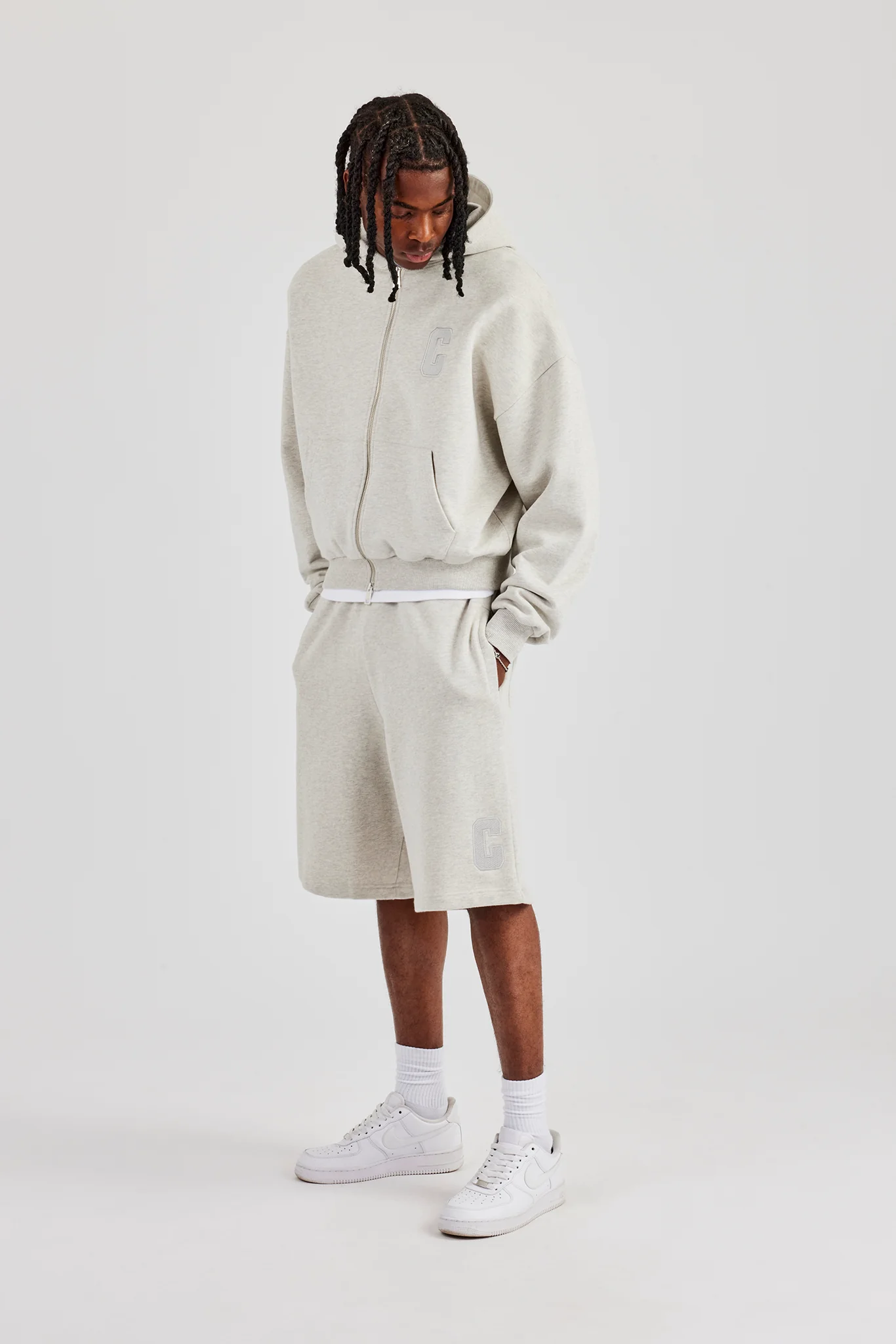 Embroidered C Boxy Zip Through Hoodie & Short - Ash Grey - Image 5