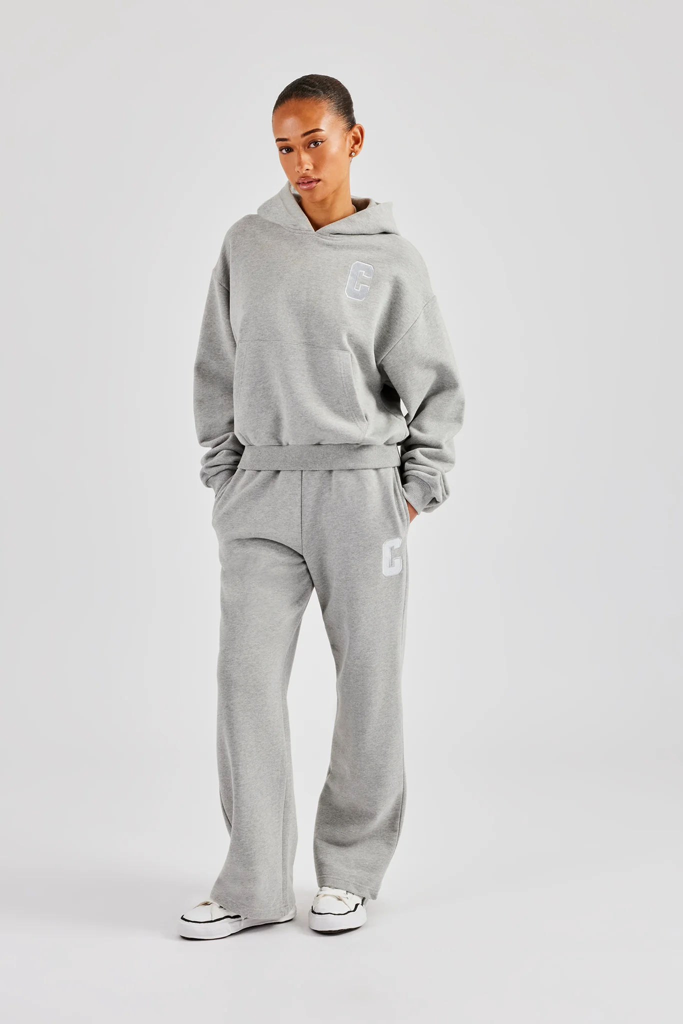 Embroidered C Hooded Tracksuit - Grey Marl