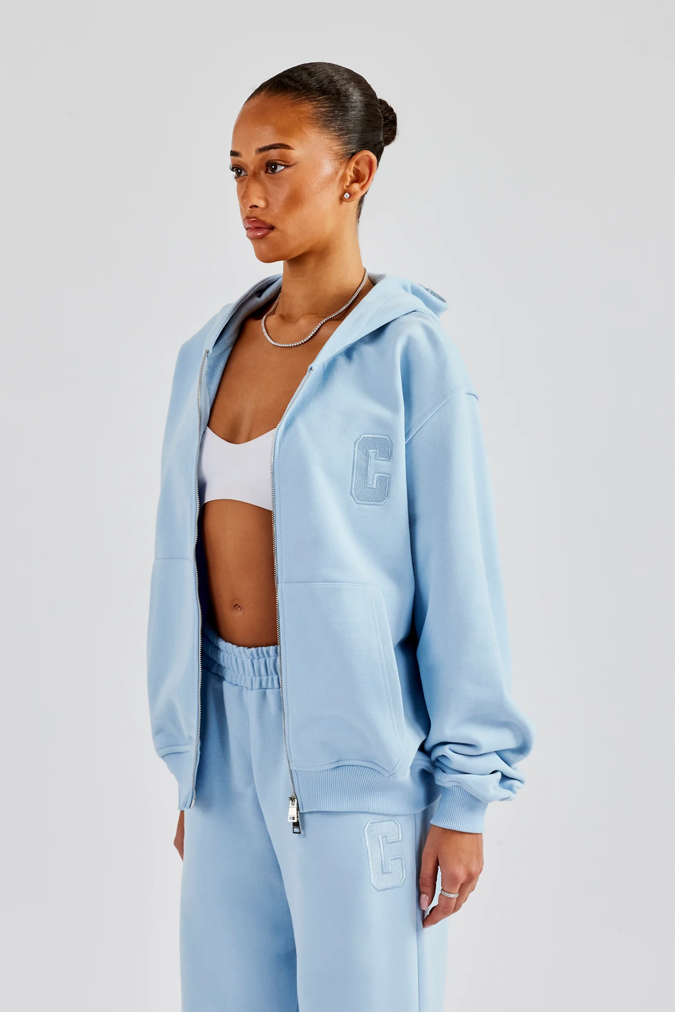Embroidered C Zip Through Hoodie - Baby Blue - Image 2
