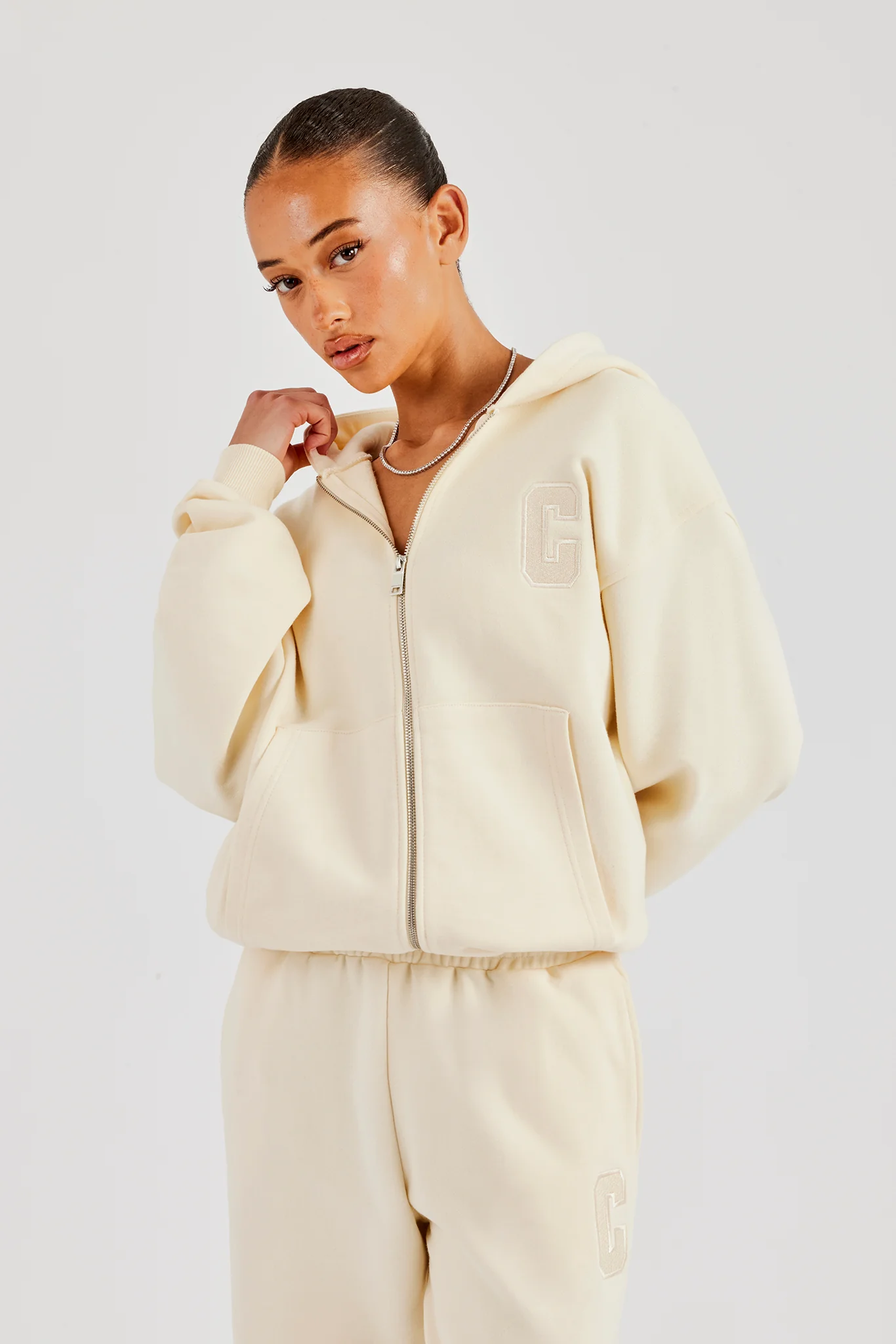 Embroidered C Zip Through Hoodie - Butter Yellow - Image 2
