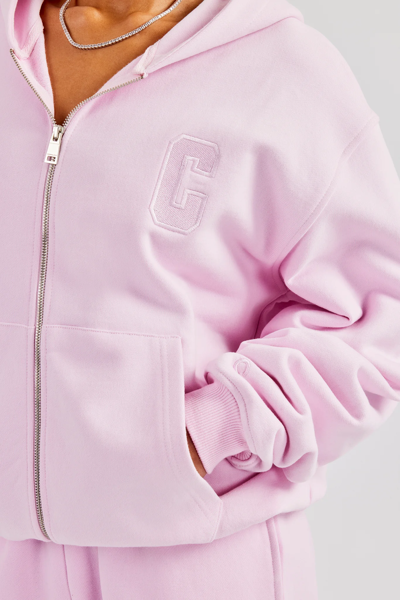 Embroidered C Zip Through Hoodie - Pink - Image 2