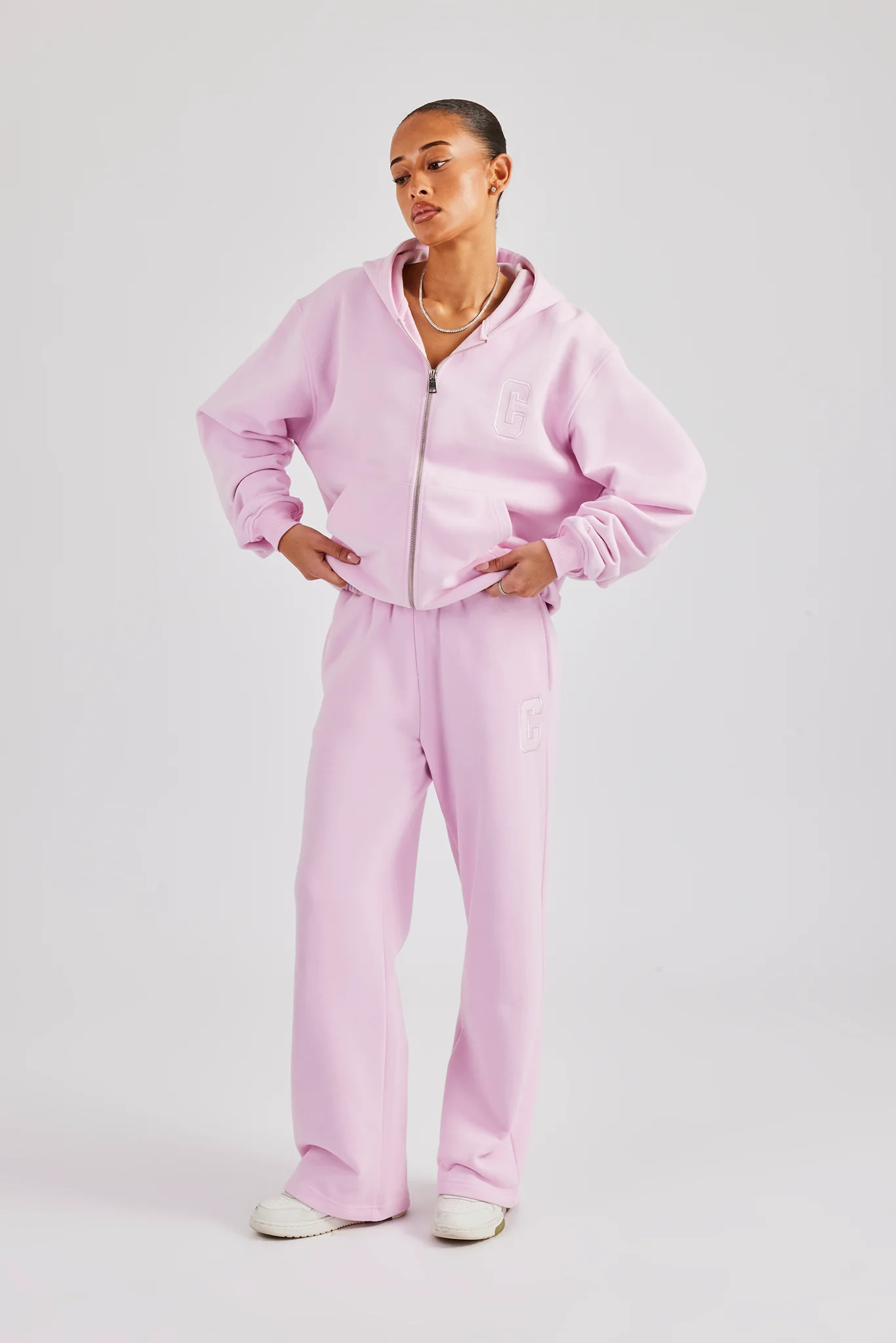 Embroidered C Zip Through Hoodie - Pink - Image 4
