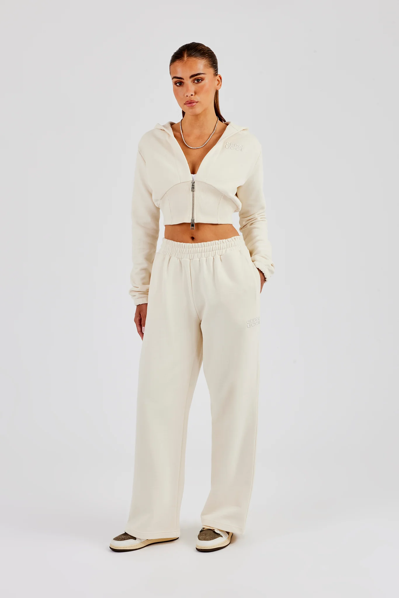Embroidered Cernucci Wide Leg Jogger - Off White - Image 3