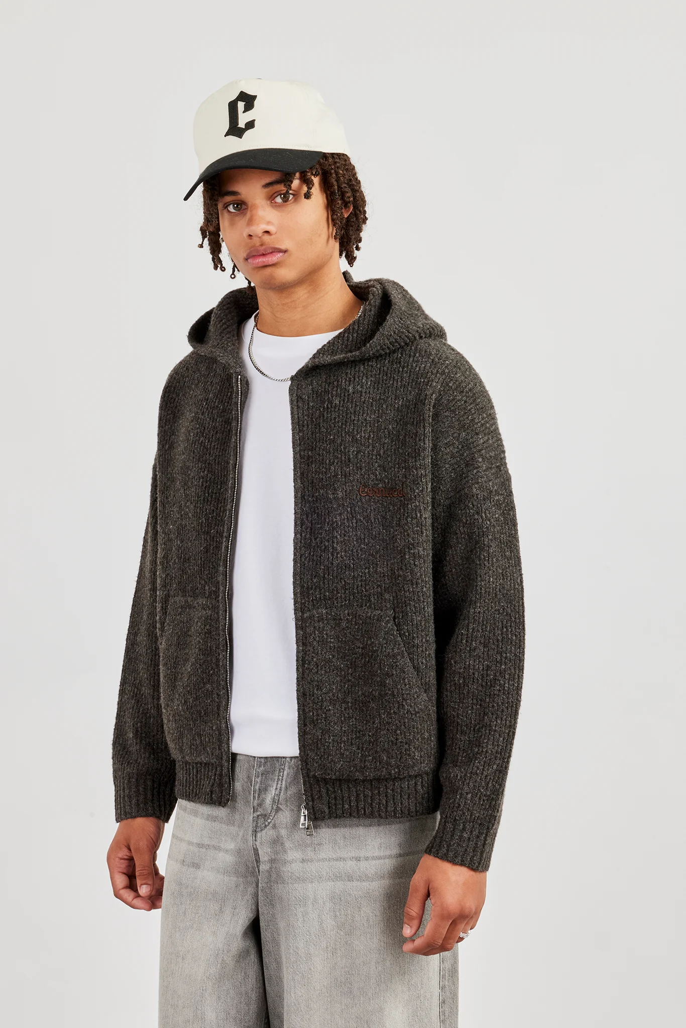 Embroidered Knitted Zip Hoodie - Chocolate