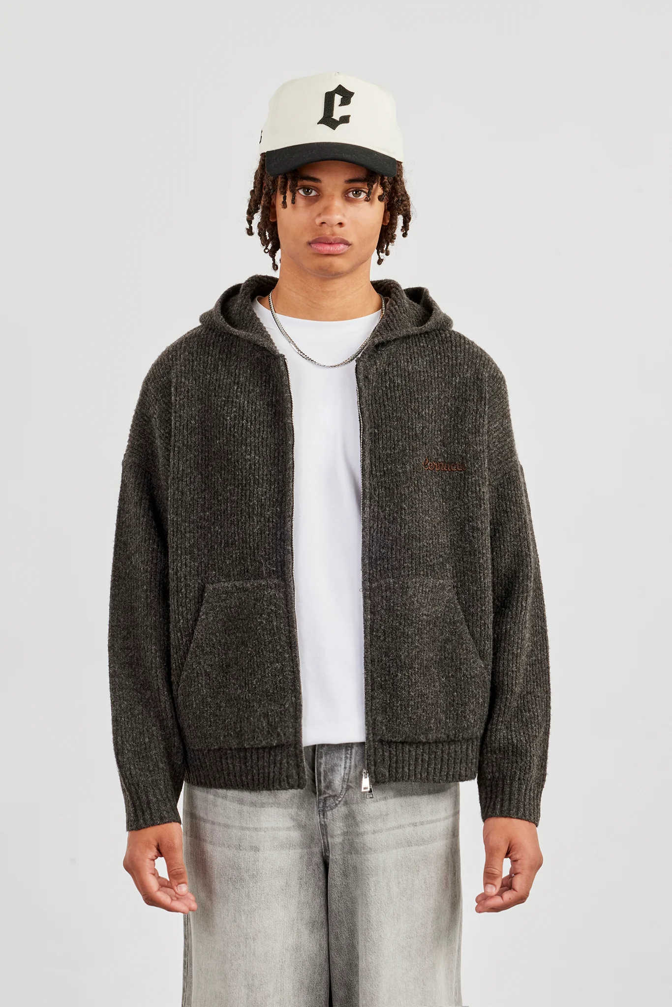 Embroidered Knitted Zip Hoodie - Chocolate - Image 2