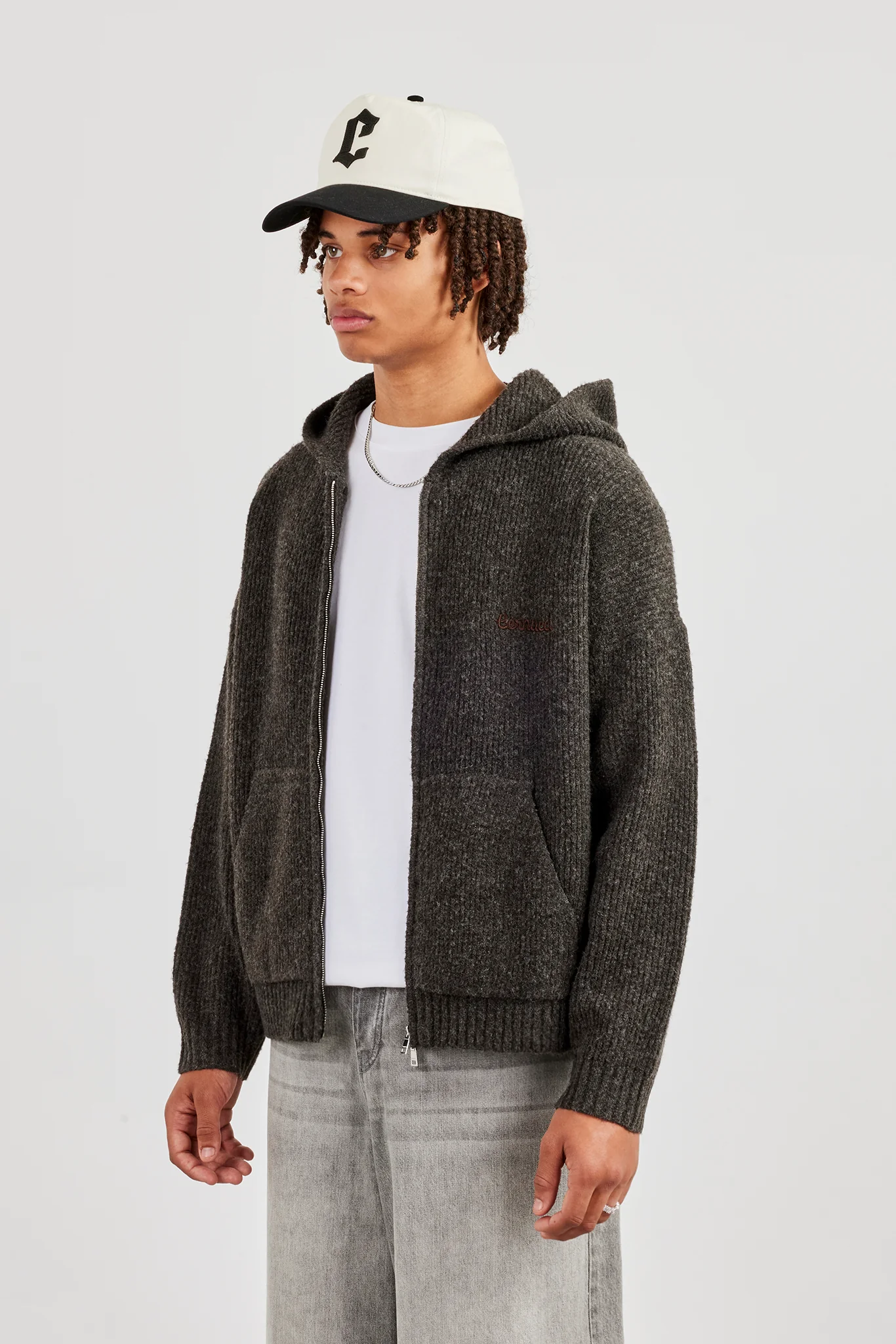 Embroidered Knitted Zip Hoodie - Chocolate - Image 3
