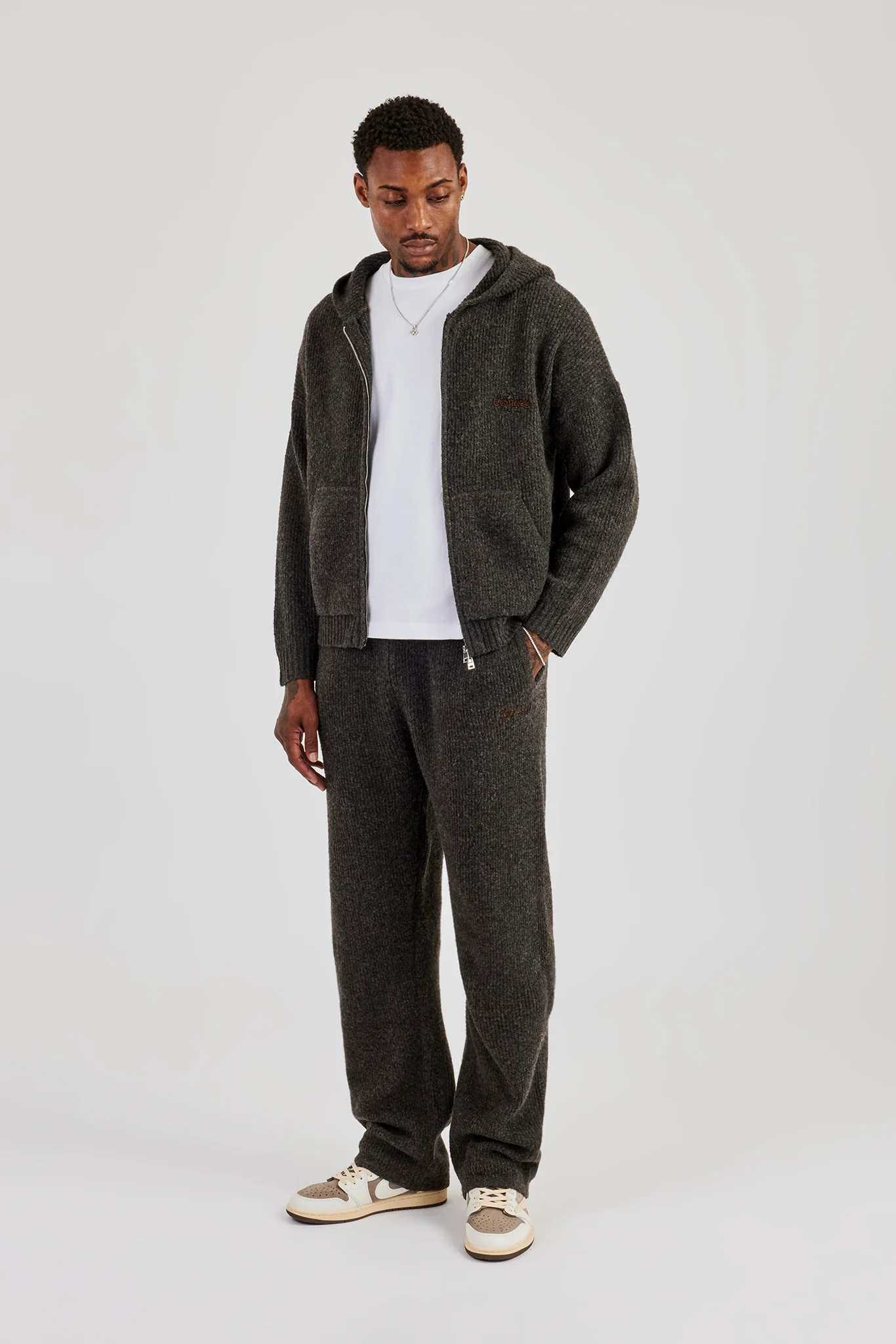Embroidered Knitted Zip Hoodie & Jogger - Chocolate