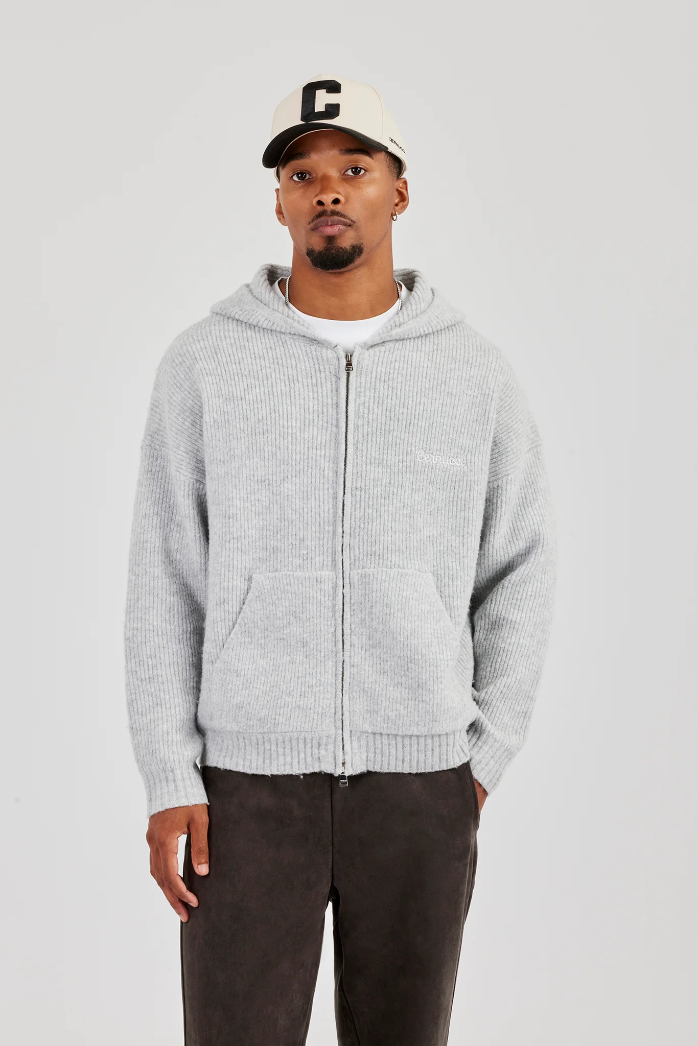 Embroidered Knitted Zip Hoodie - Light Grey - Image 3