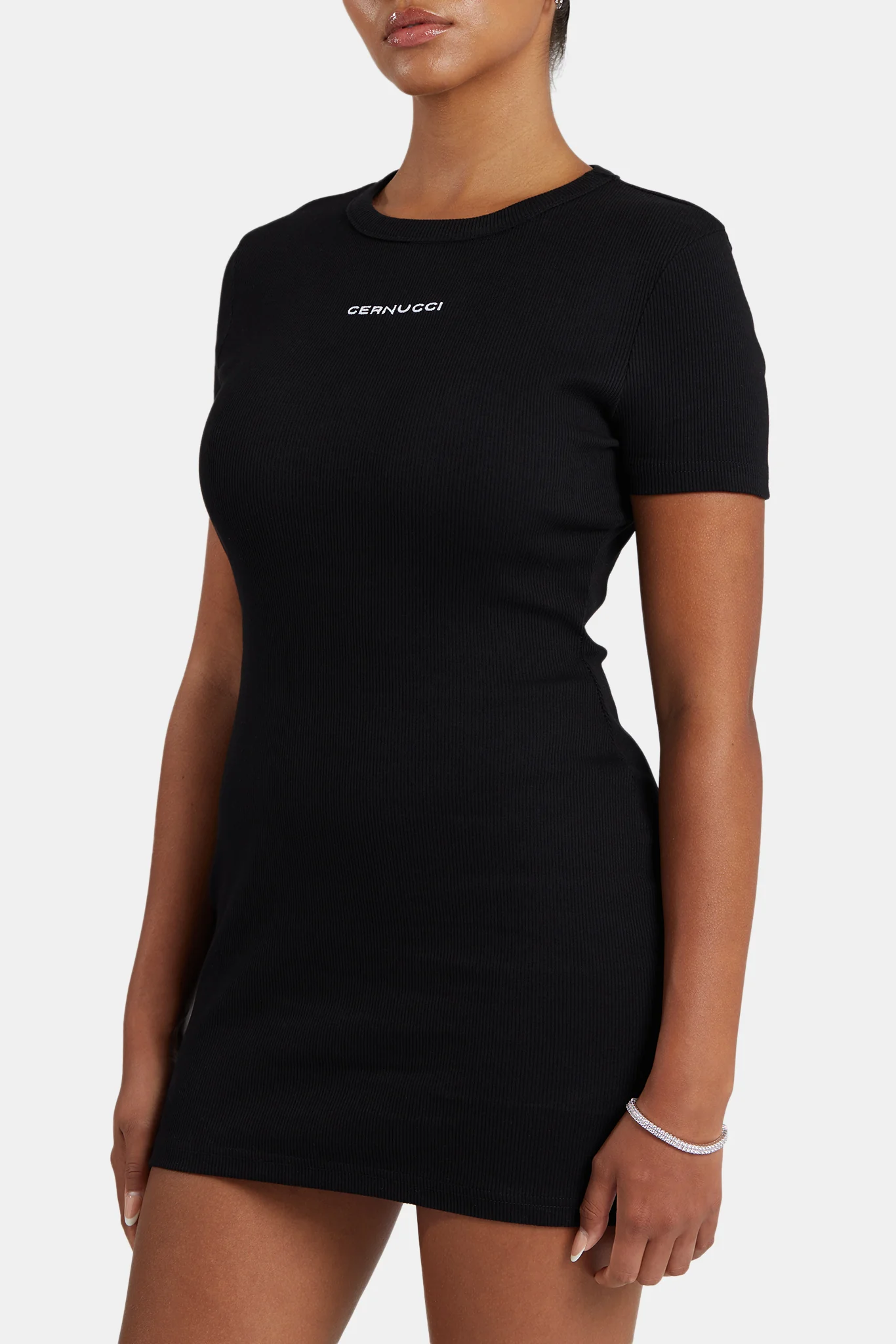 Embroidered Ribbed Short Sleeve Dress - Black - Image 4