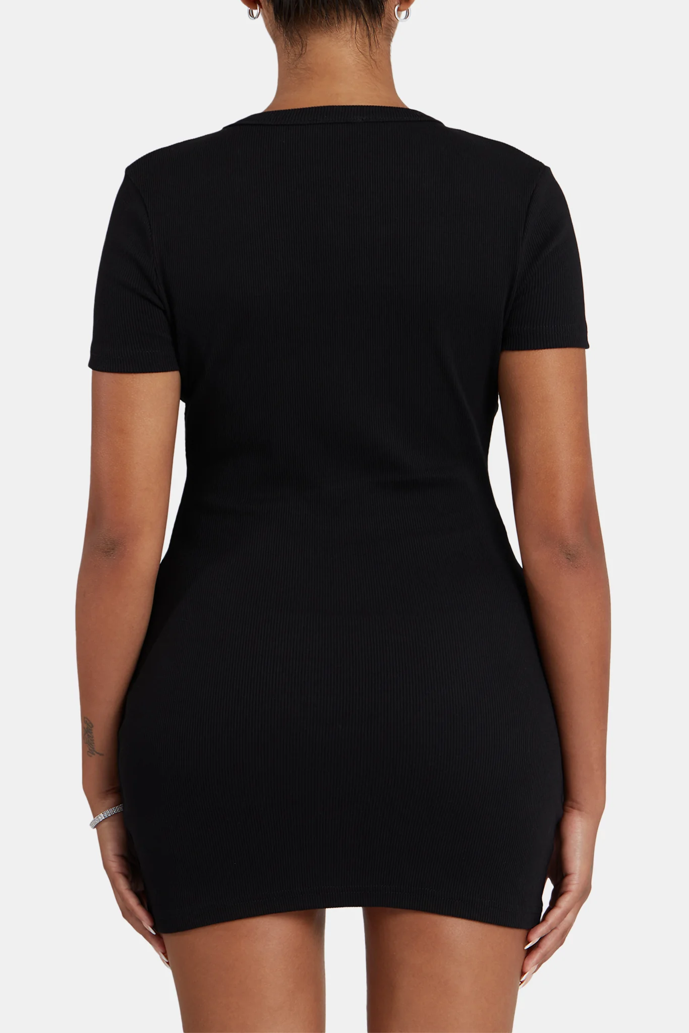 Embroidered Ribbed Short Sleeve Dress - Black - Image 5