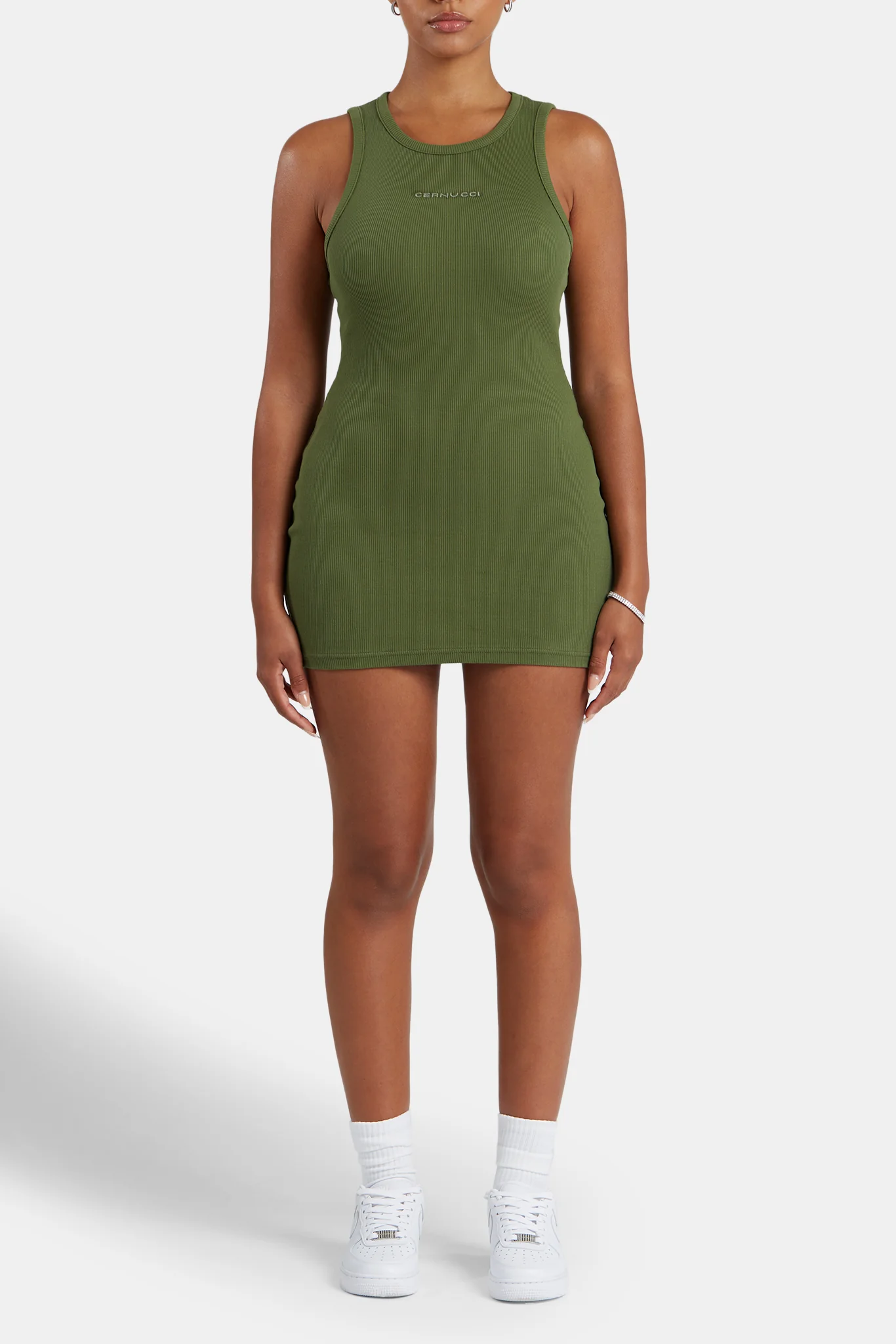Embroidered Ribbed Vest Dress - Khaki - Image 3