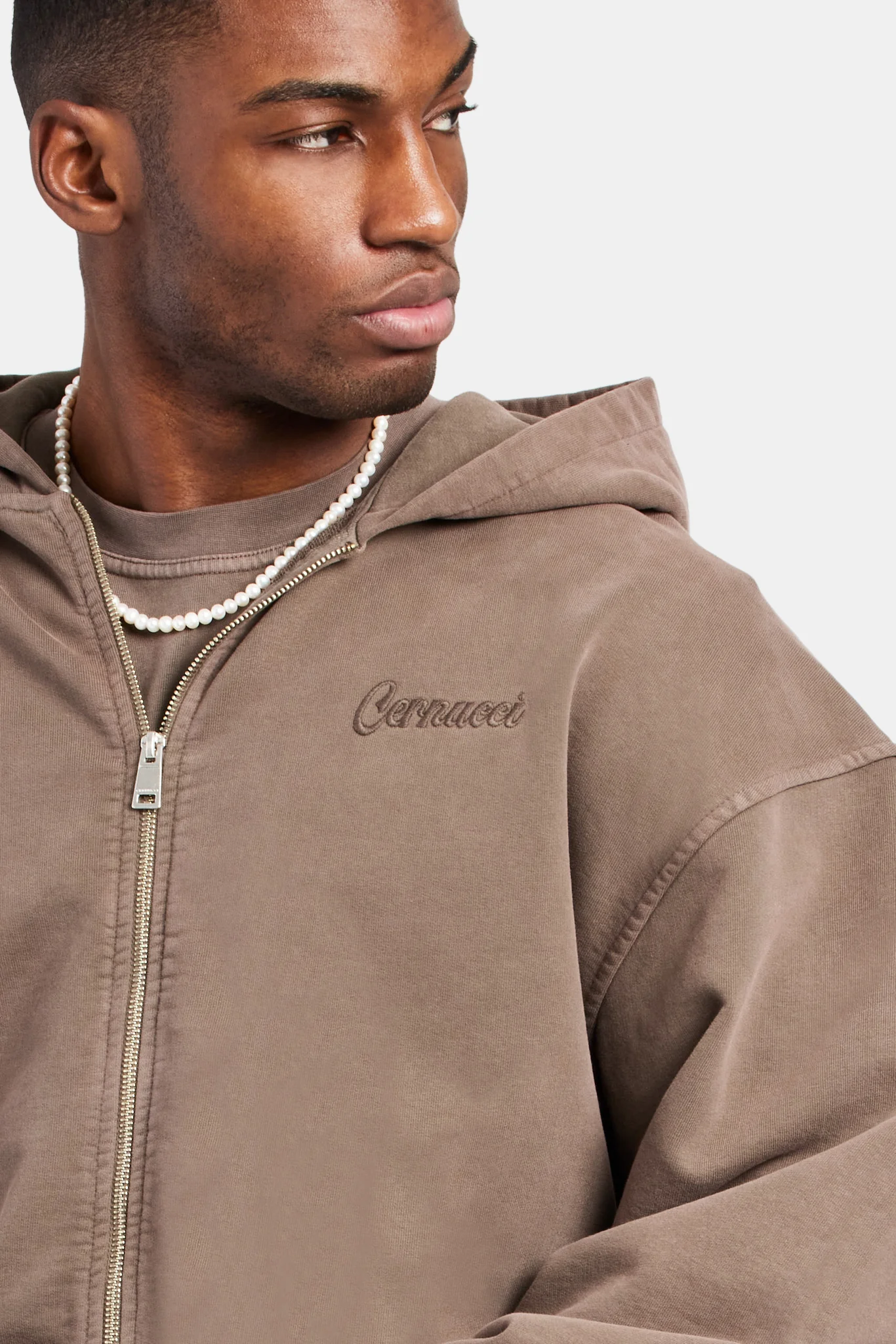 Embroidered Zip Through Hoodie - Washed Brown - Image 4
