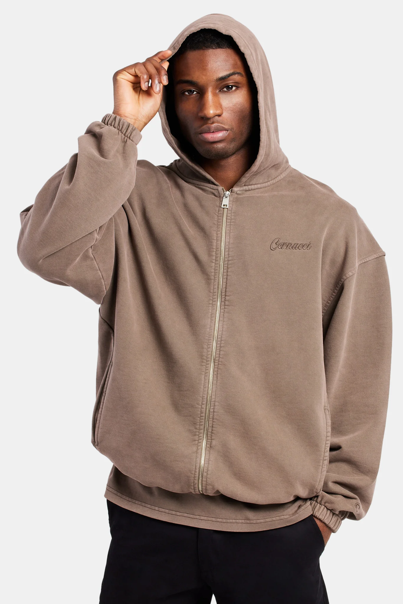 Embroidered Zip Through Hoodie - Washed Brown - Image 5