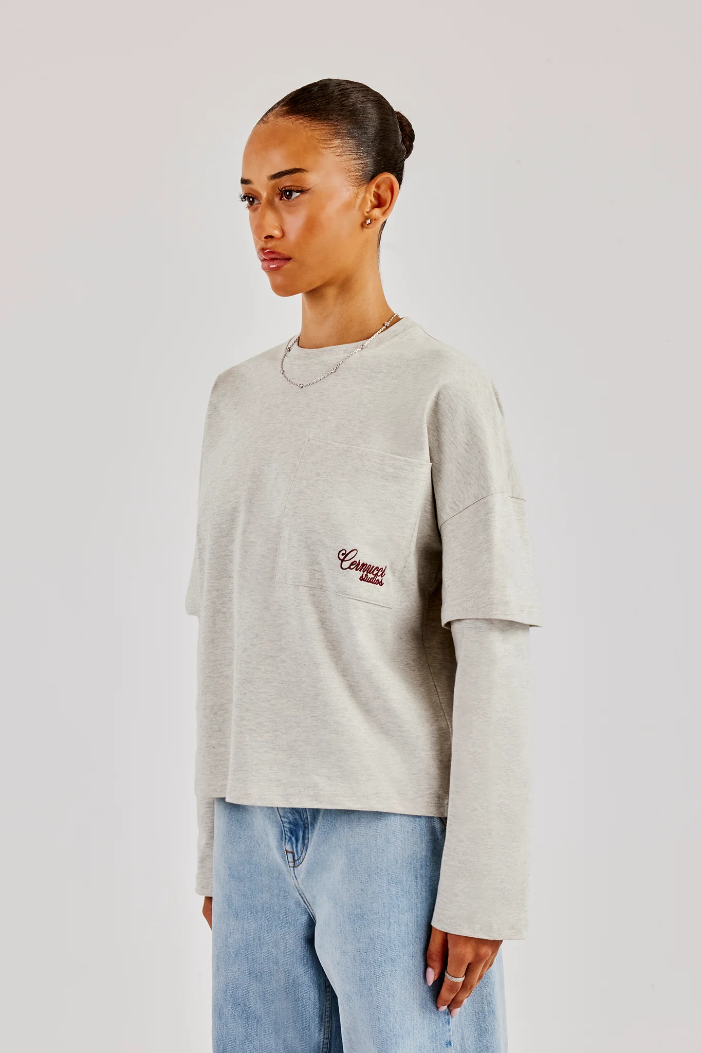 Faux Layer Embroidered T-Shirt - Ash Grey - Image 3
