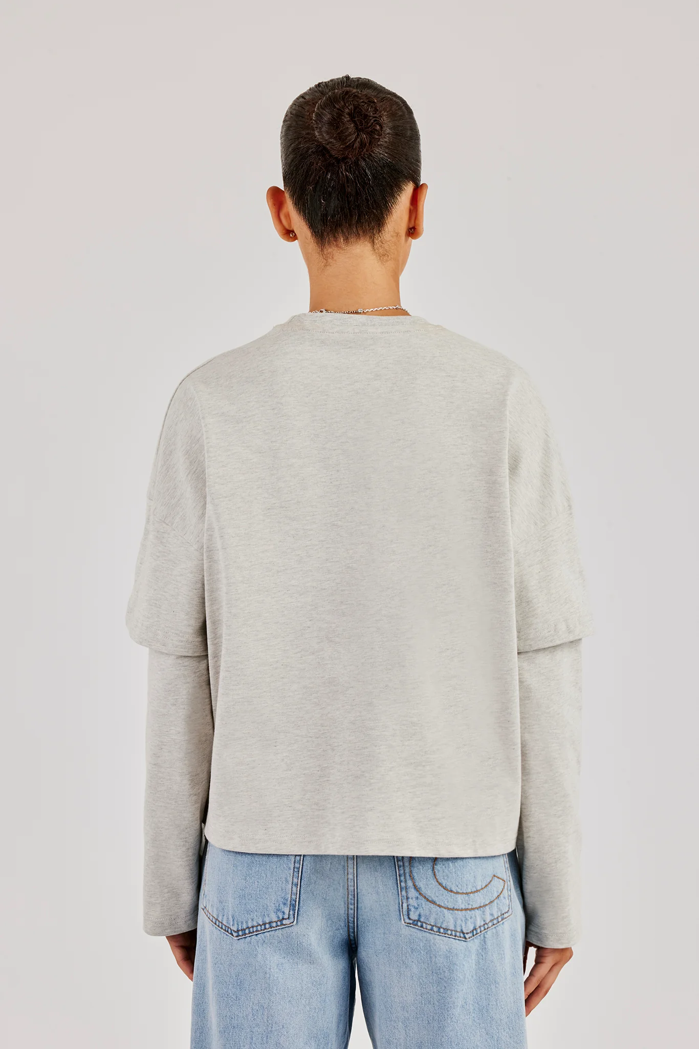 Faux Layer Embroidered T-Shirt - Ash Grey - Image 4