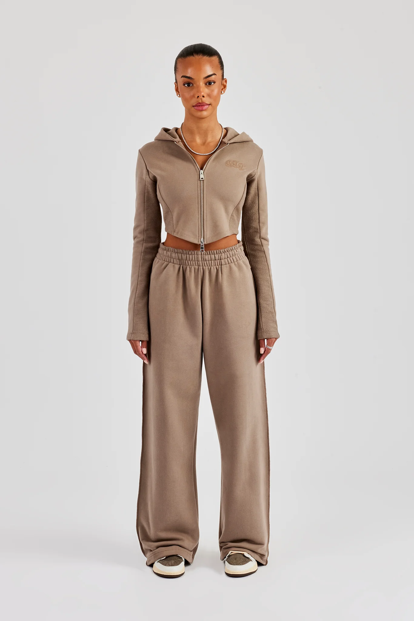 Fitted Reverse Loopback Hoodie & Wide Leg Jogger - Taupe - Image 2