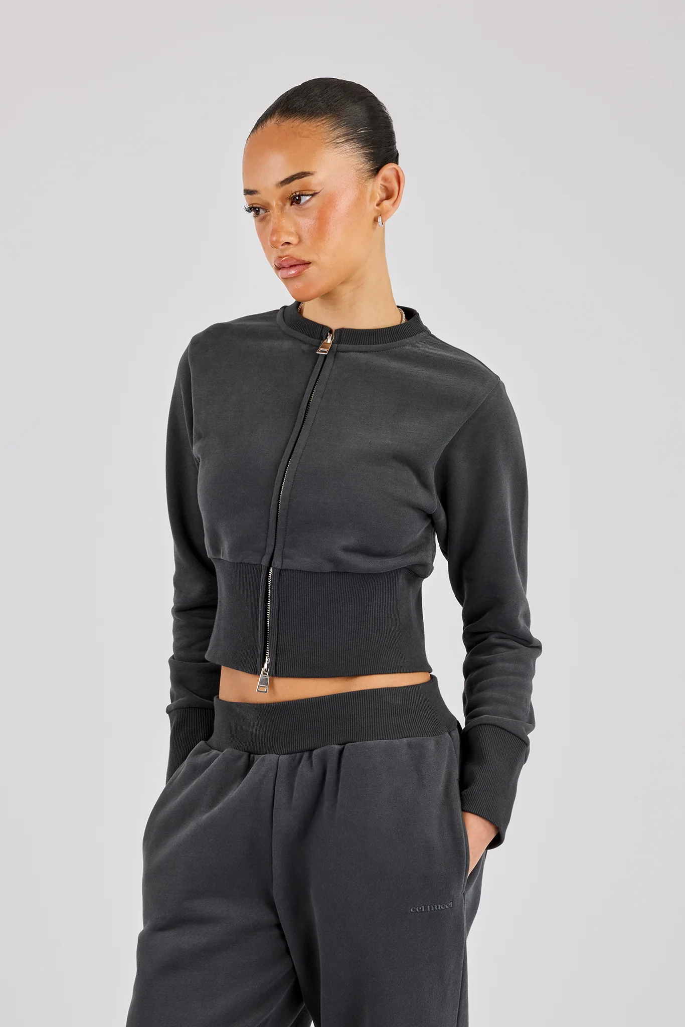 Fitted Rib Zip Through Sweat - Charcoal
