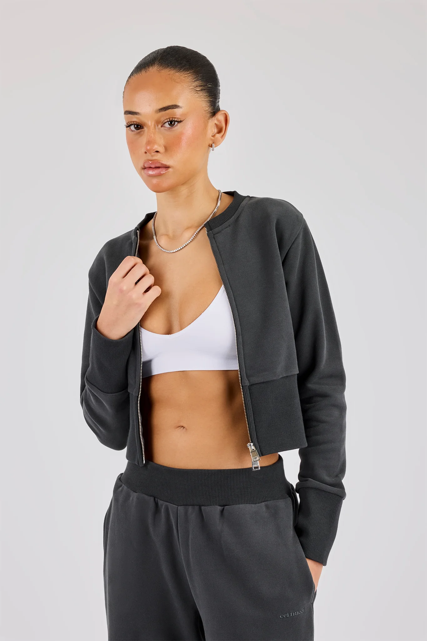 Fitted Rib Zip Through Sweat - Charcoal - Image 2