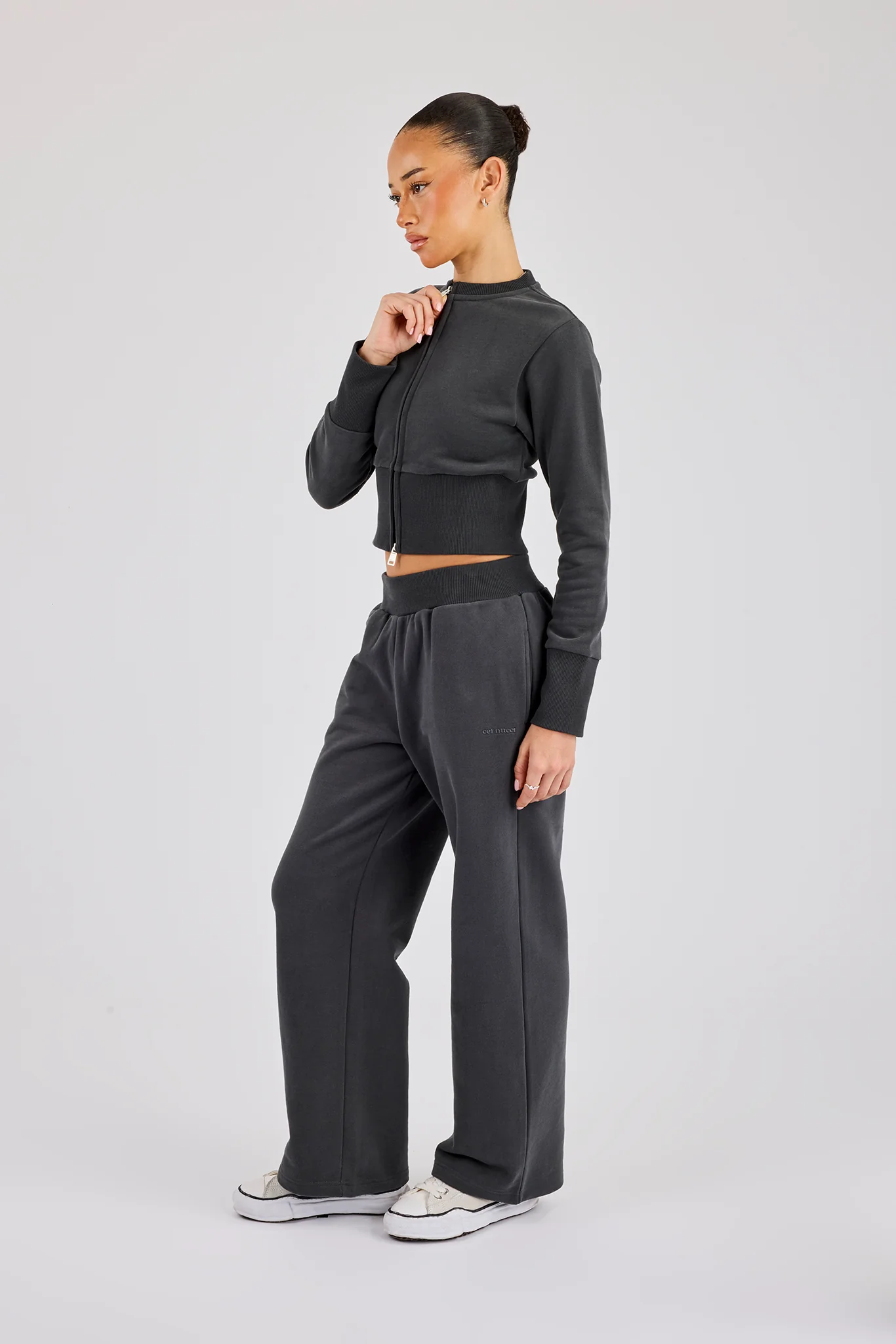 Fitted Rib Zip Through Sweat & Wide Leg Jogger - Charcoal