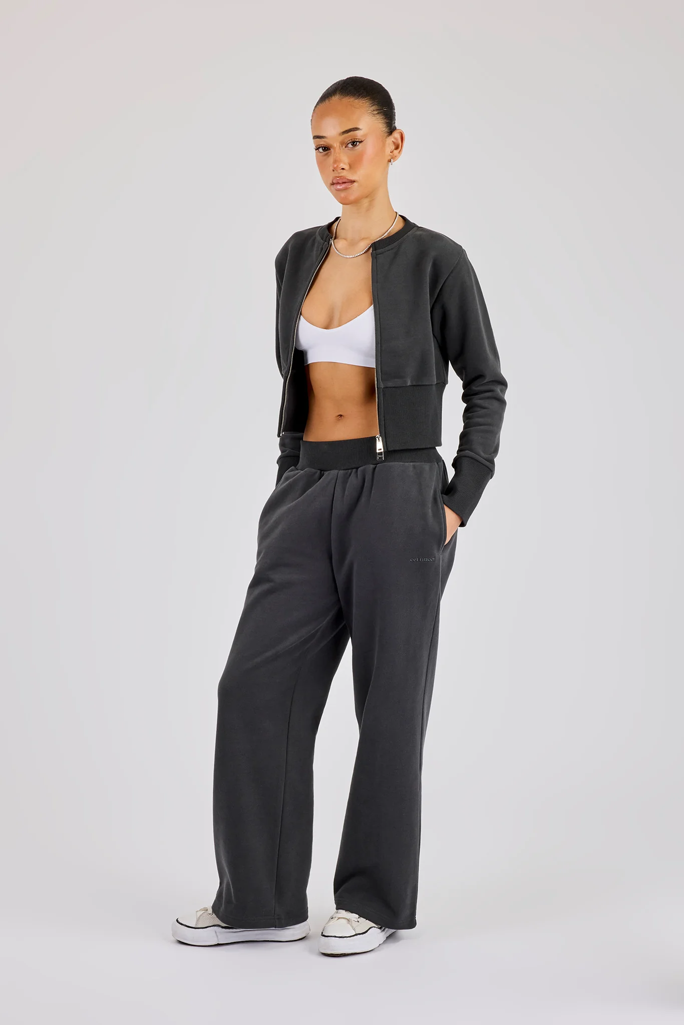 Fitted Rib Zip Through Sweat & Wide Leg Jogger - Charcoal - Image 2