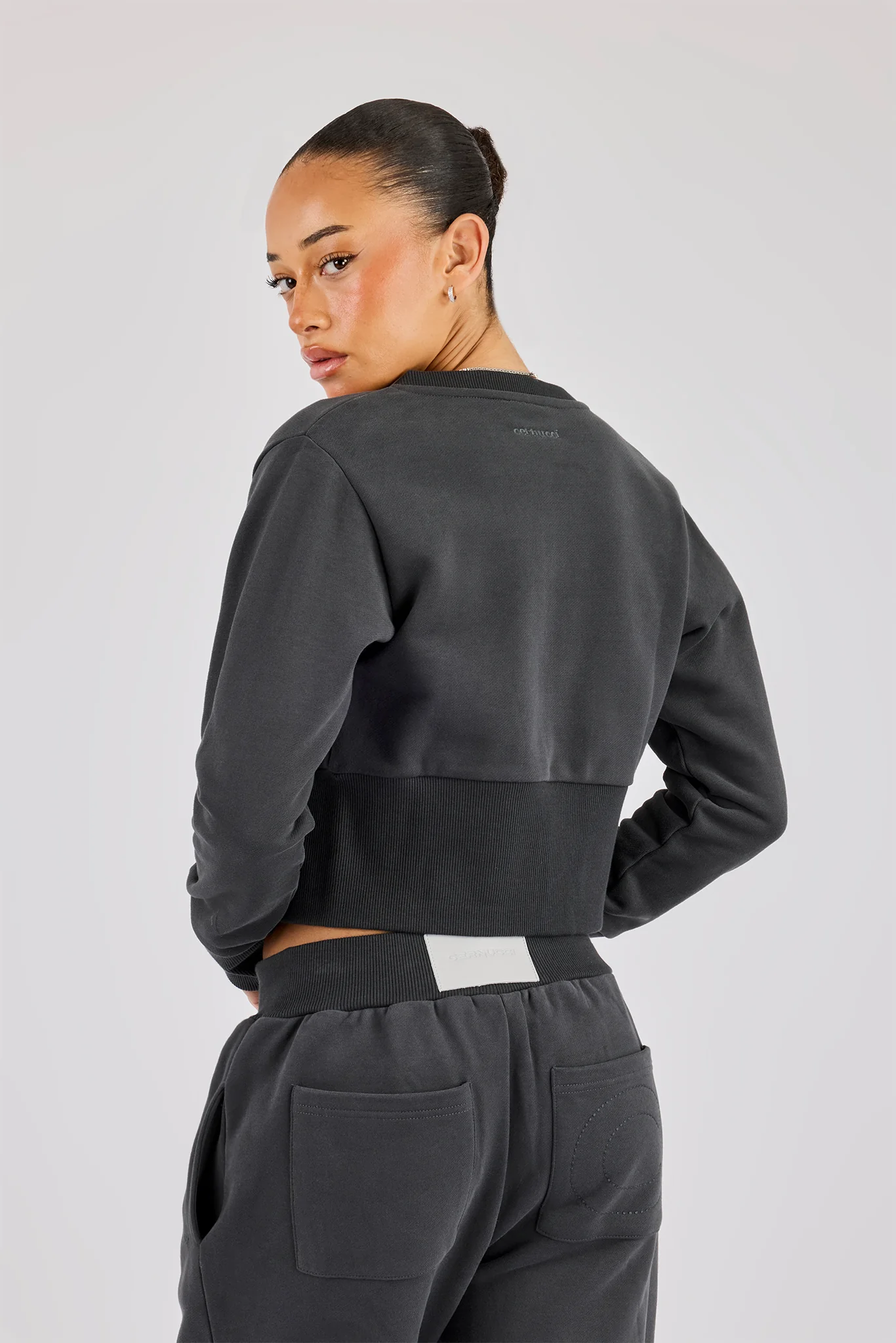 Fitted Rib Zip Through Sweat & Wide Leg Jogger - Charcoal - Image 3