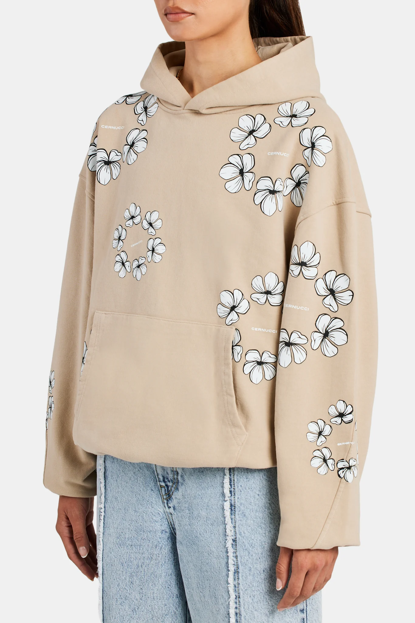 Floral Print Oversized Hoodie - Beige - Image 4