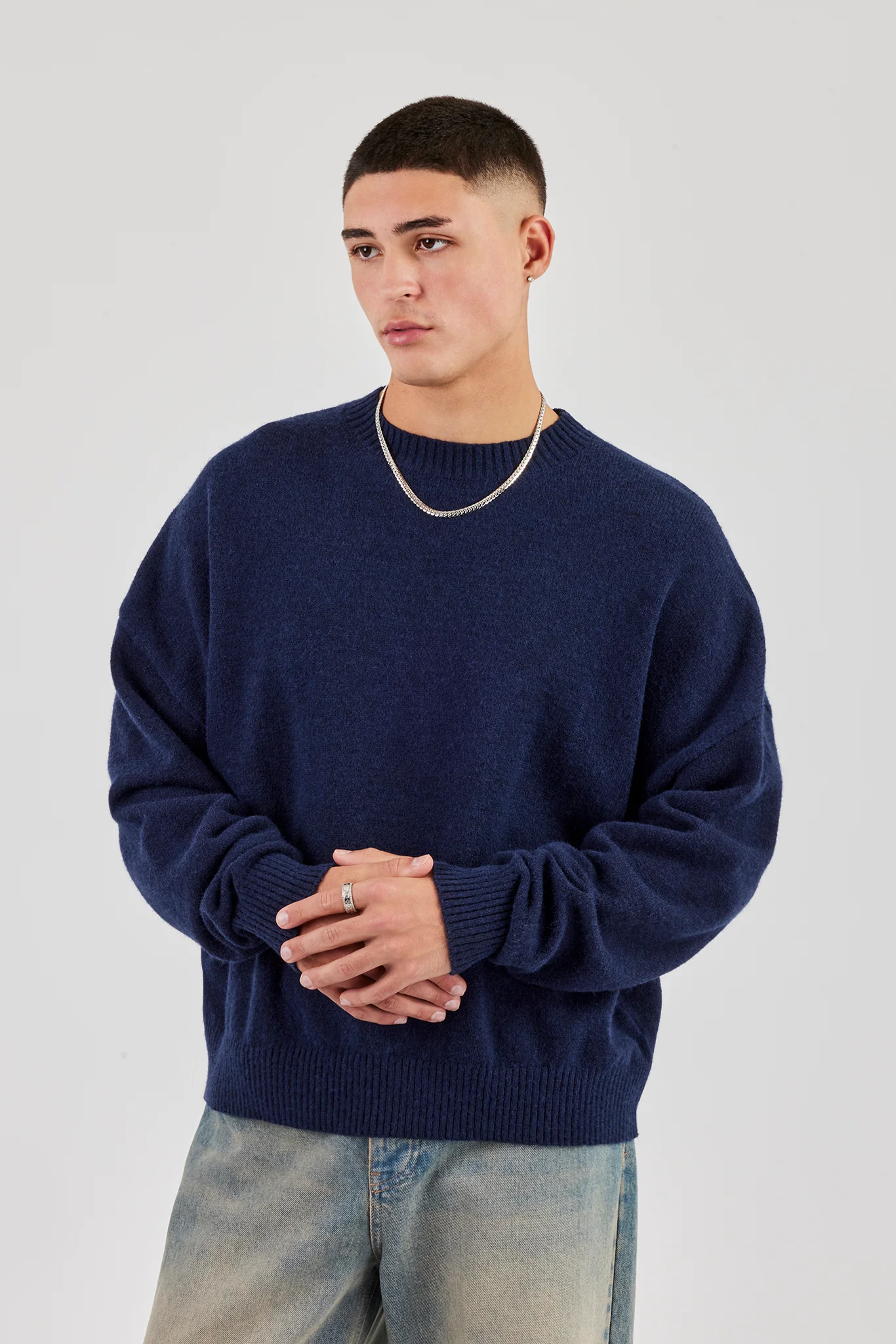 Fluffy Cernucci Intarsia Knitted Sweater - Navy Blue - Image 2