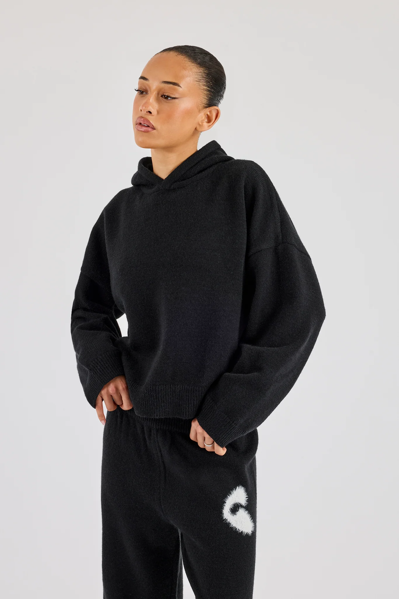 Fluffy Intarsia Boxy Hoodie - Black - Image 3