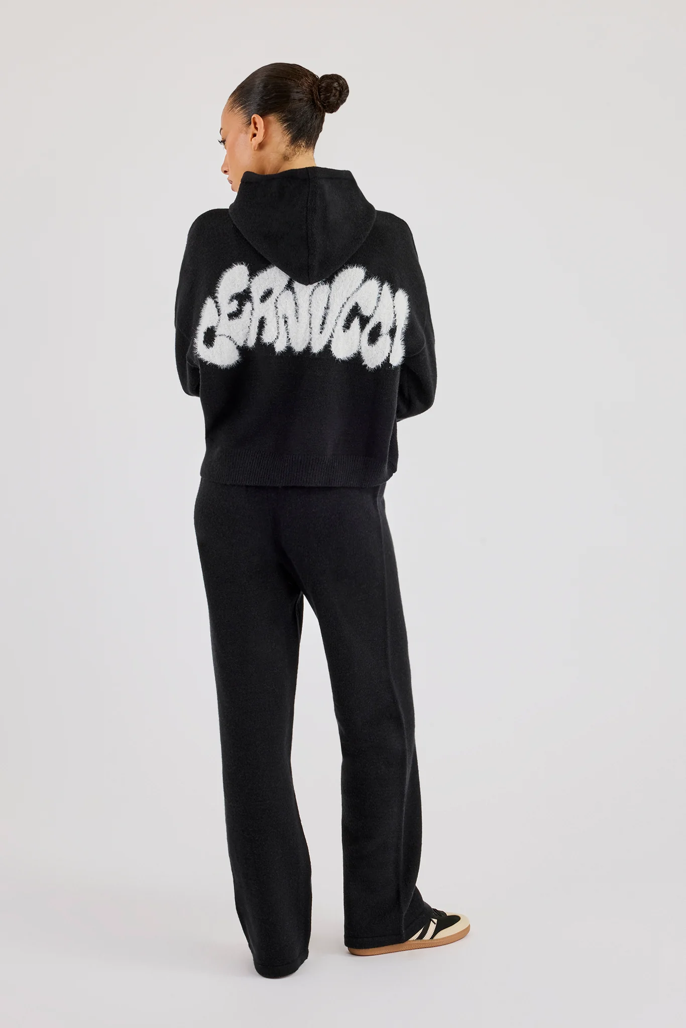 Fluffy Intarsia Boxy Hoodie - Black - Image 4