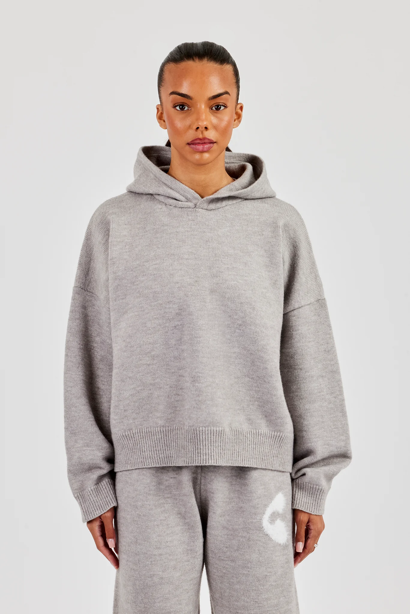 Fluffy Intarsia Boxy Hoodie - Grey - Image 2