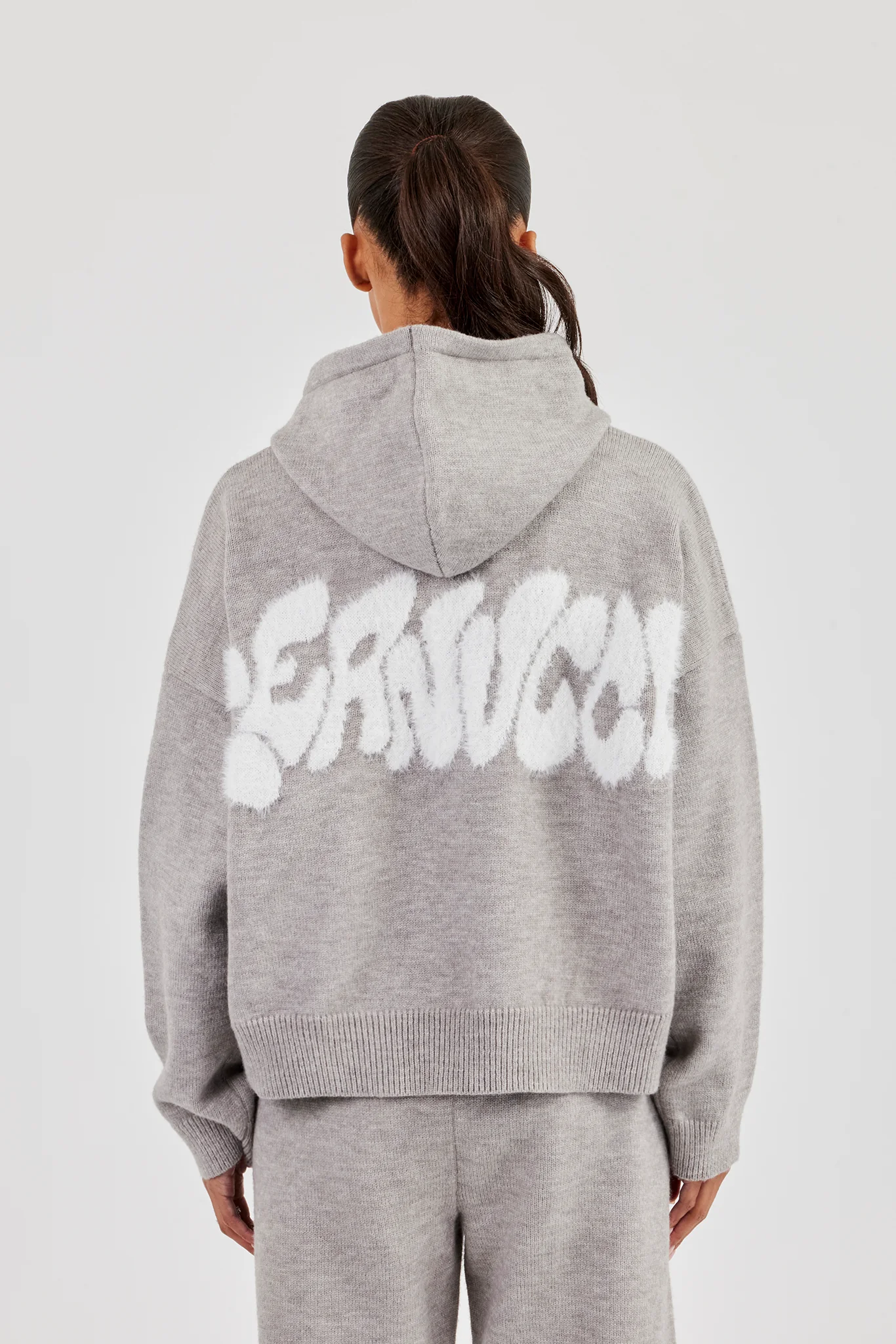 Fluffy Intarsia Boxy Hoodie - Grey - Image 3