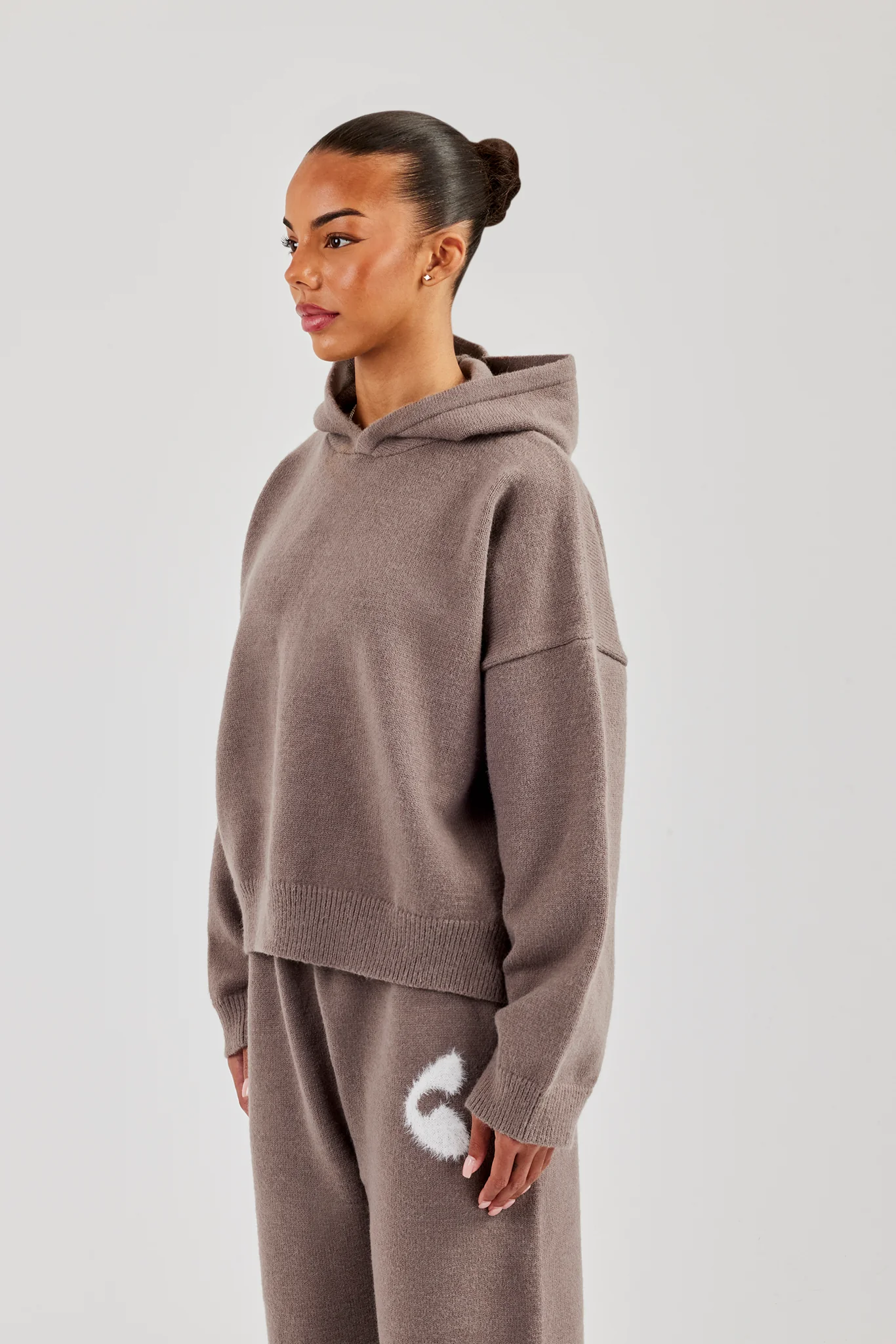 Fluffy Intarsia Boxy Hoodie - Taupe - Image 2