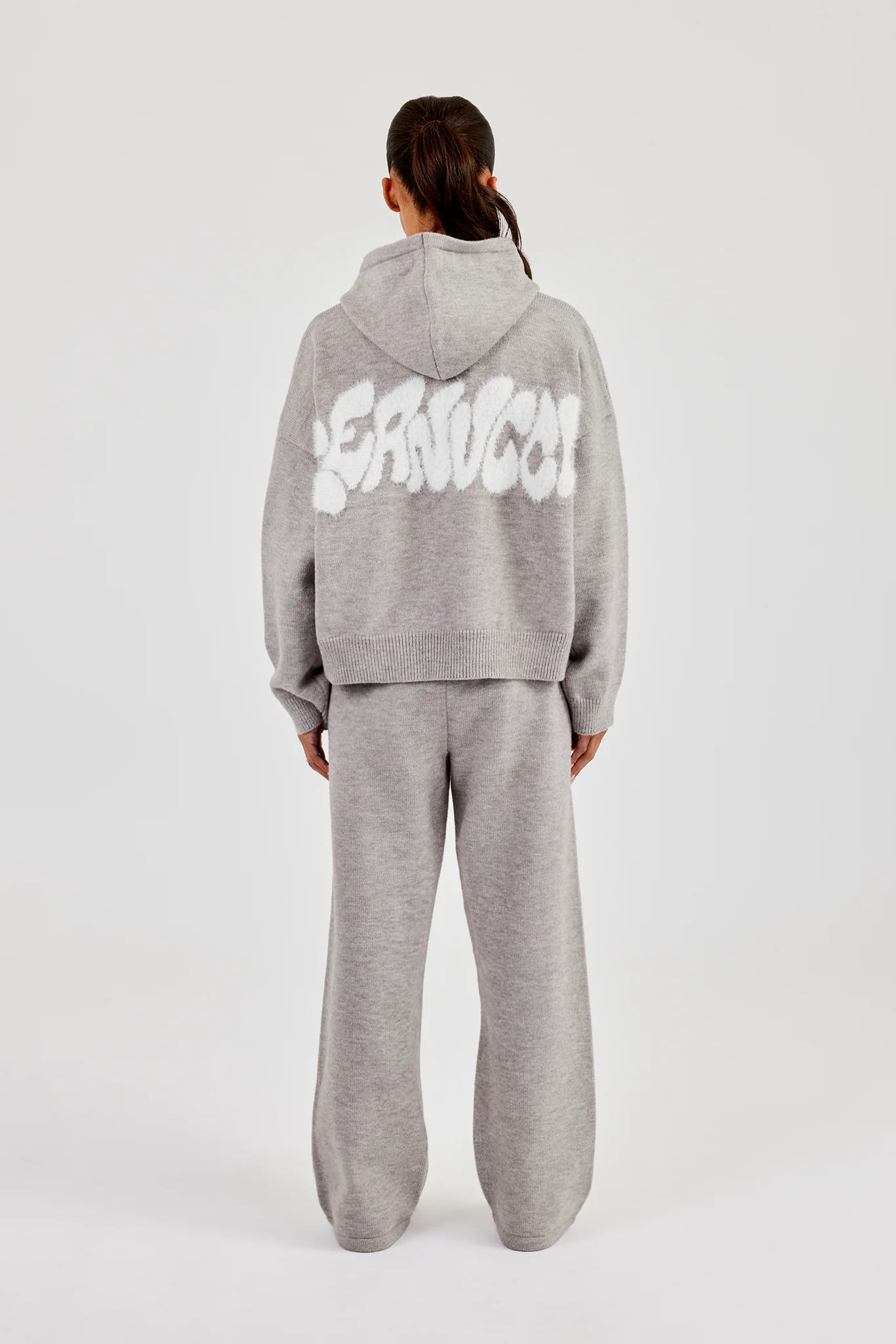 Fluffy Intarsia Boxy Hoodie & Wide Leg Jogger - Grey