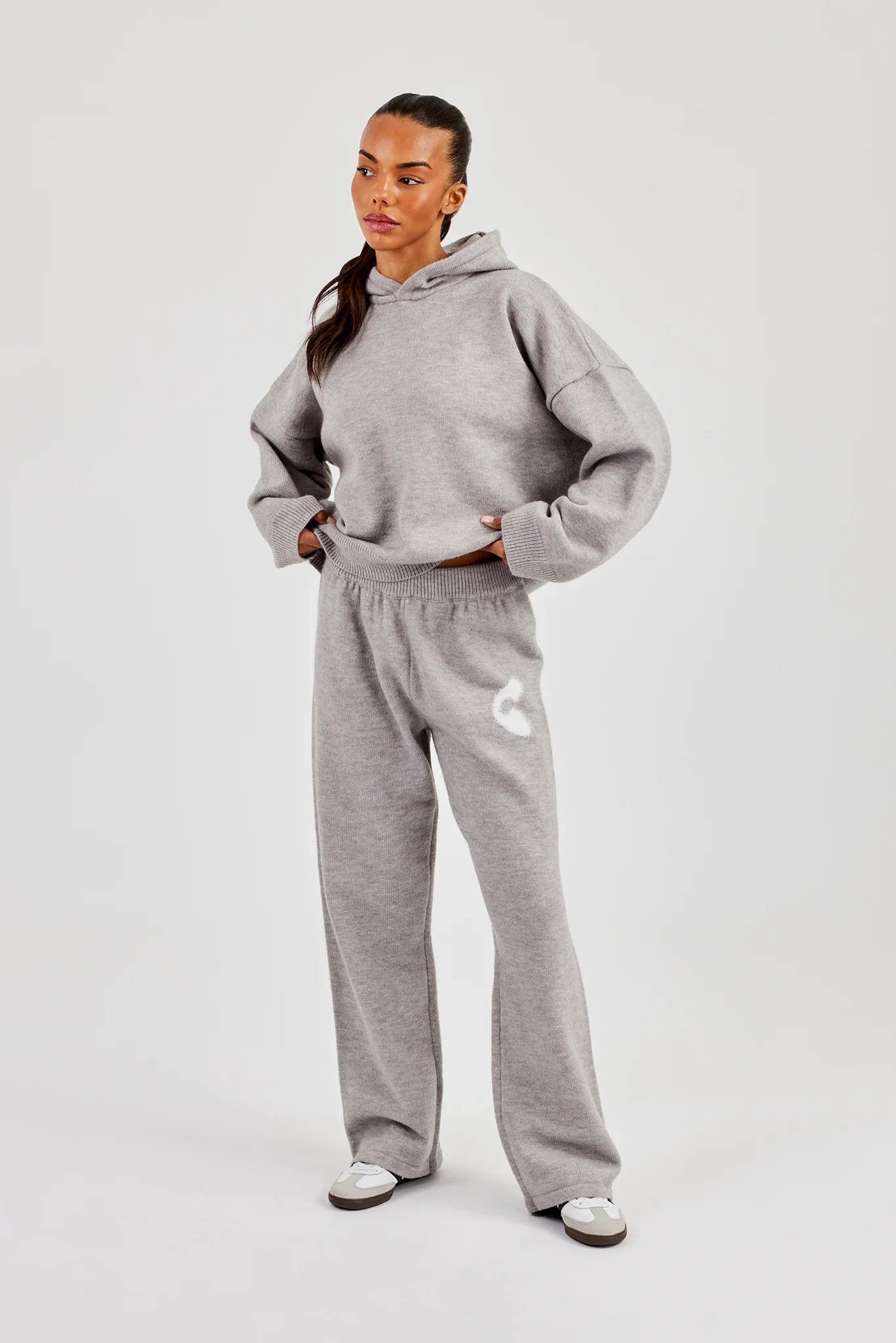 Fluffy Intarsia Boxy Hoodie & Wide Leg Jogger - Grey - Image 2