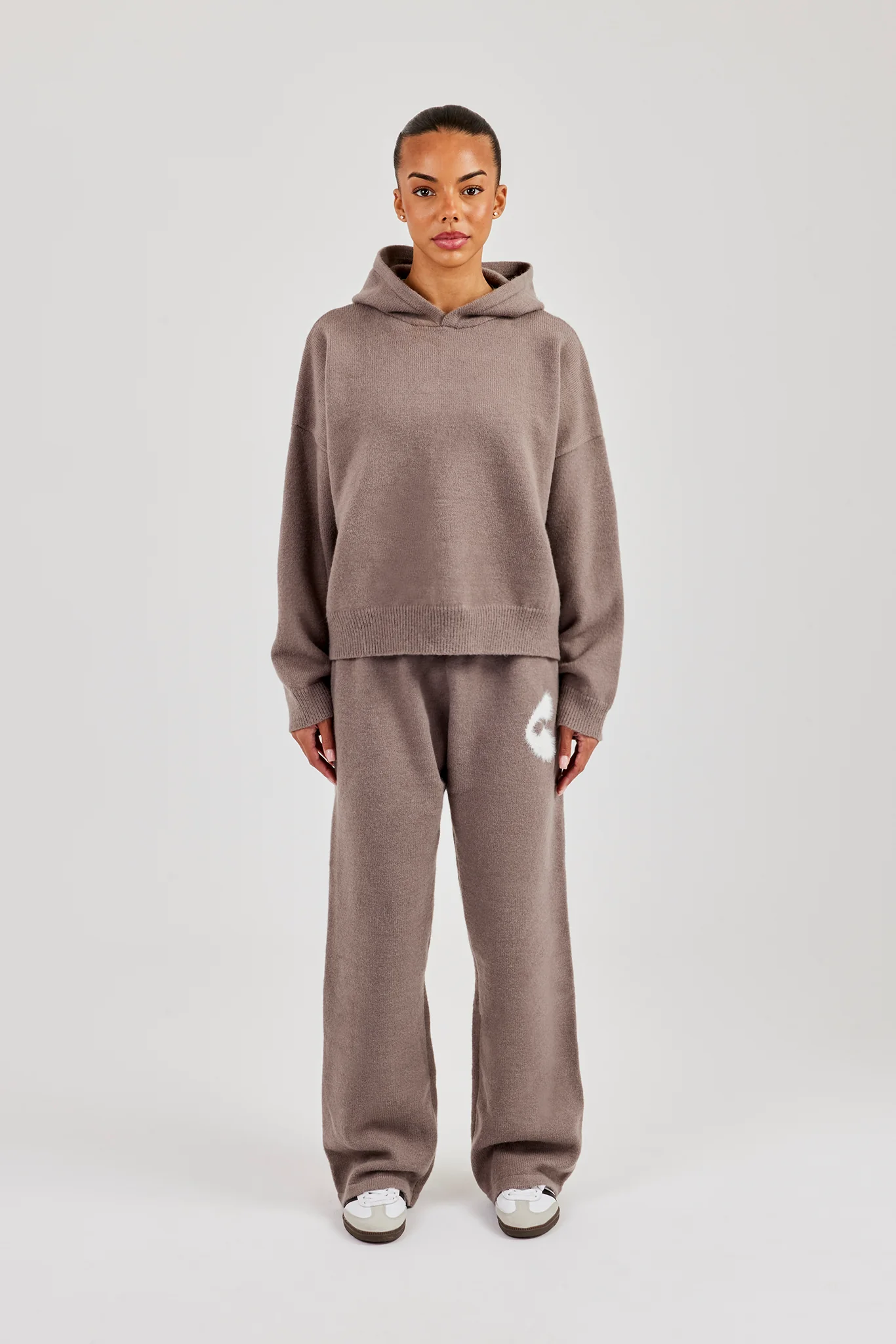 Fluffy Intarsia Boxy Hoodie & Wide Leg Jogger - Taupe - Image 2