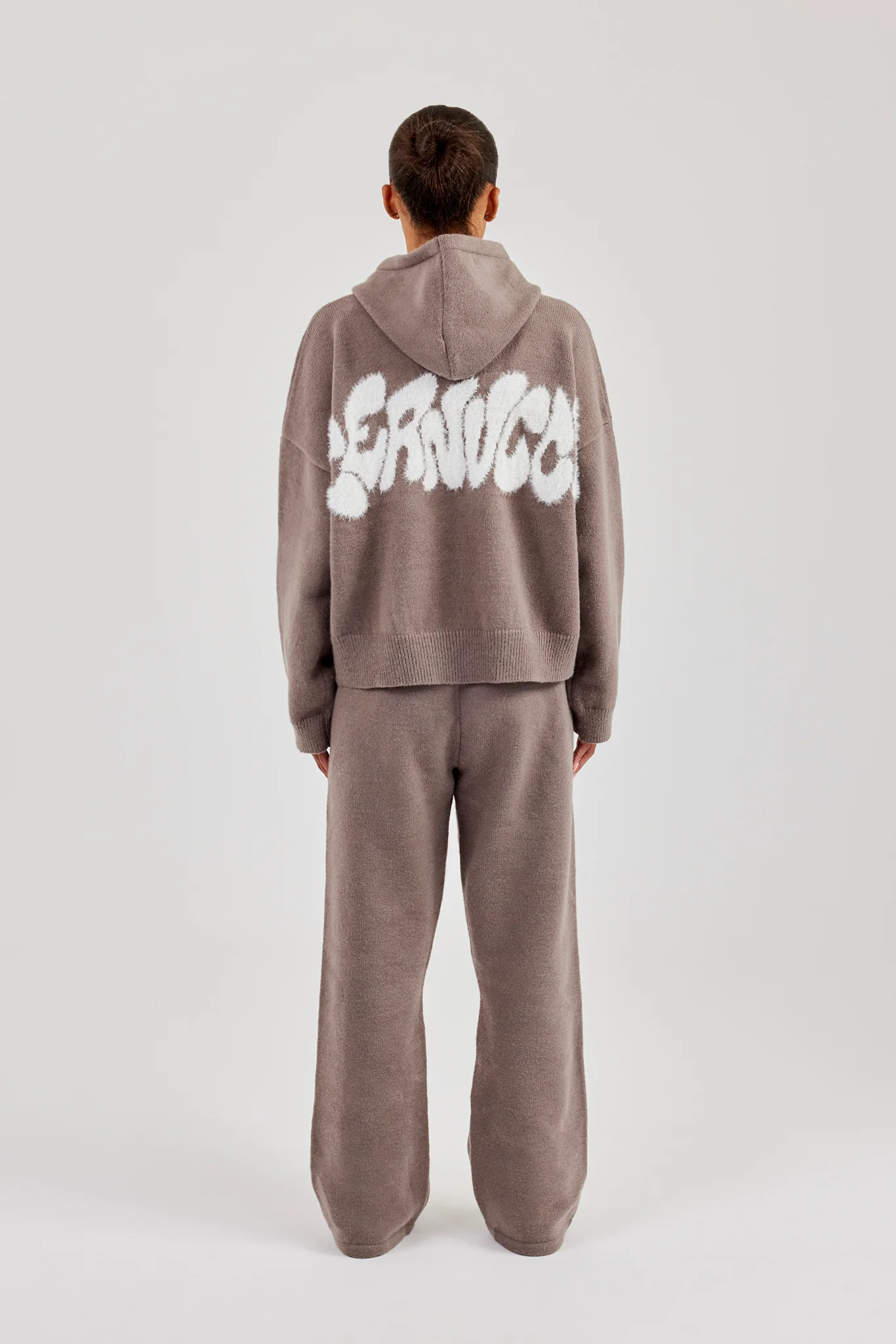 Fluffy Intarsia Boxy Hoodie & Wide Leg Jogger - Taupe - Image 4