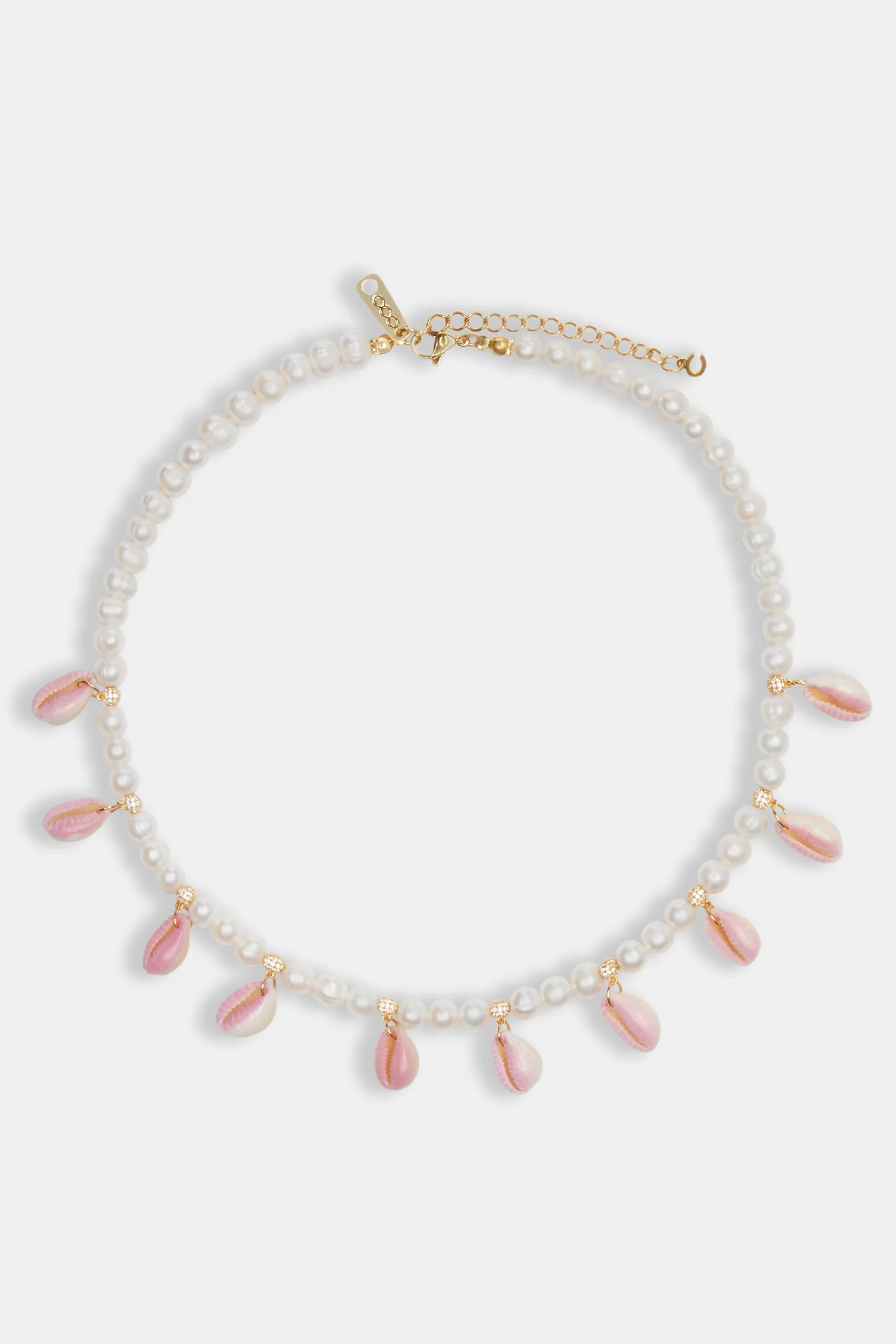 Freshwater Pearl Pink Cowrie Shell Necklace - Gold - 6mm - Image 4