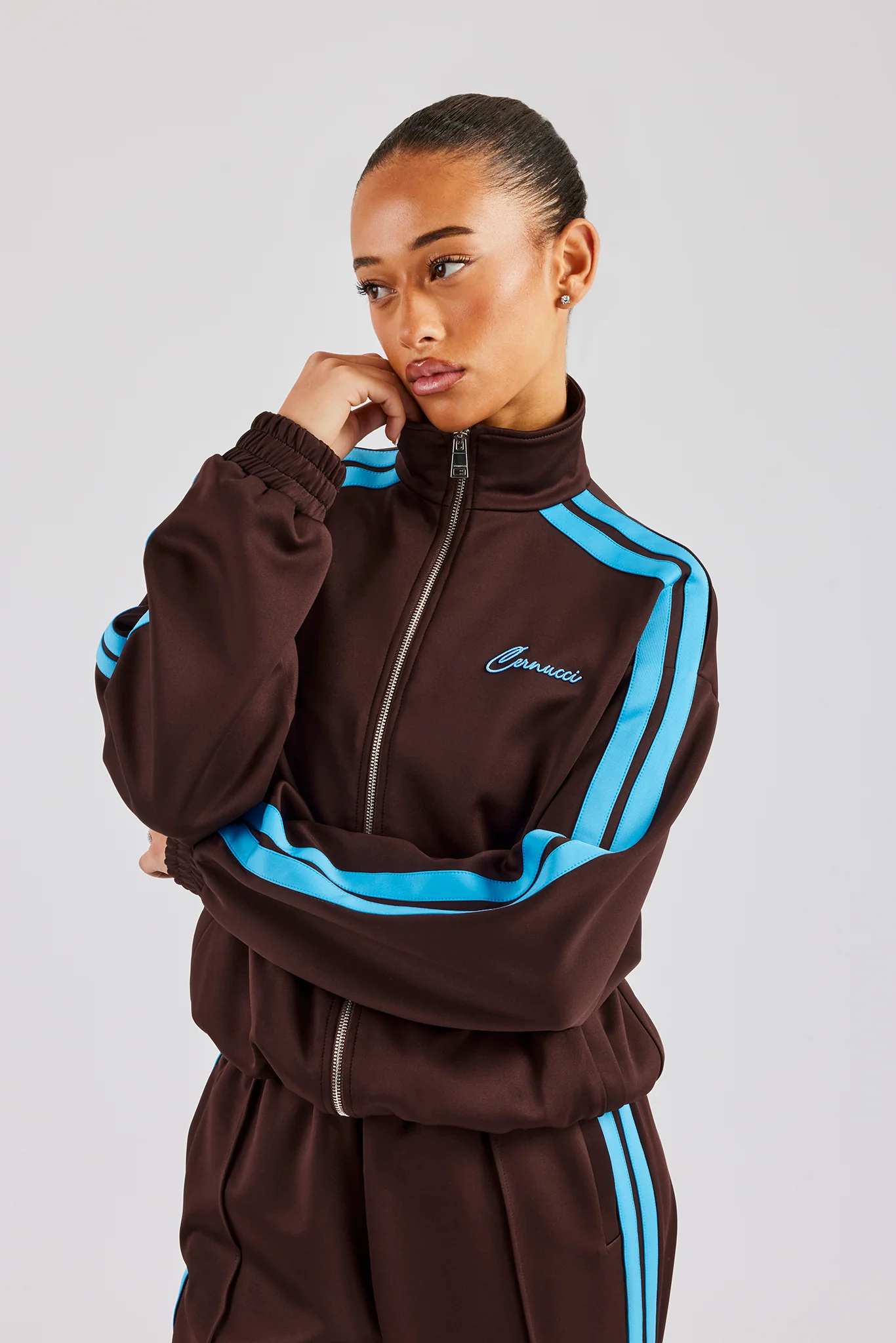 Funnel Neck Blue Taping Zip Through Track Jacket - Chocolate - Image 3