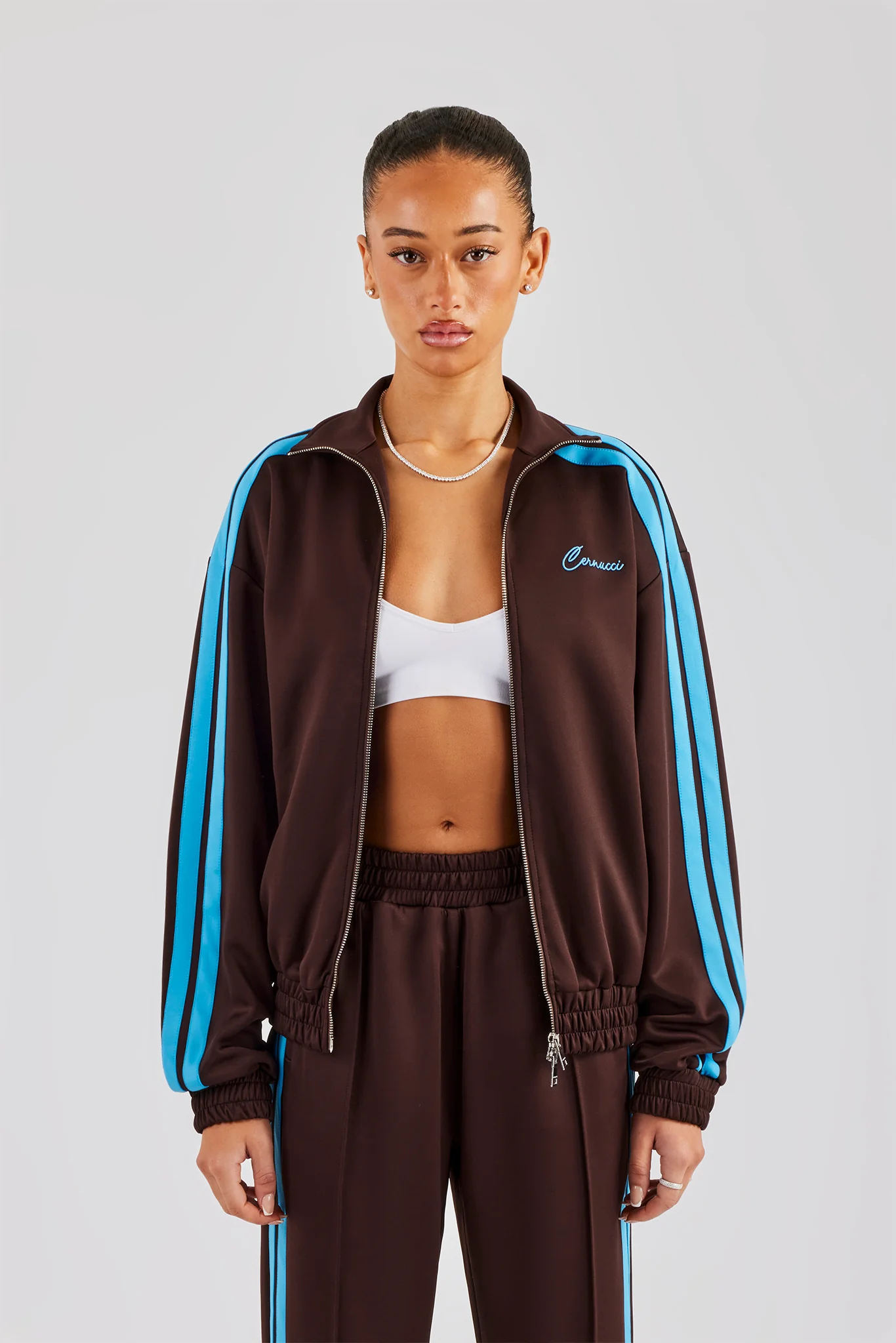 Funnel Neck Blue Taping Zip Through Track Jacket - Chocolate - Image 4