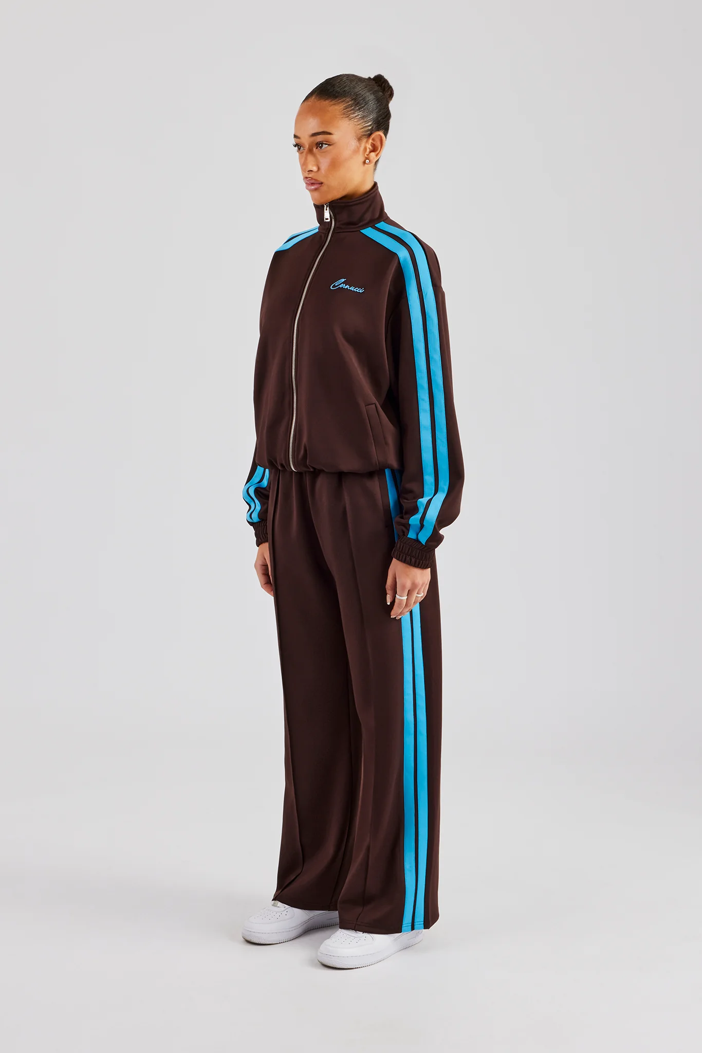 Funnel Neck Blue Taping Zip Through Tracksuit - Chocolate - Image 4