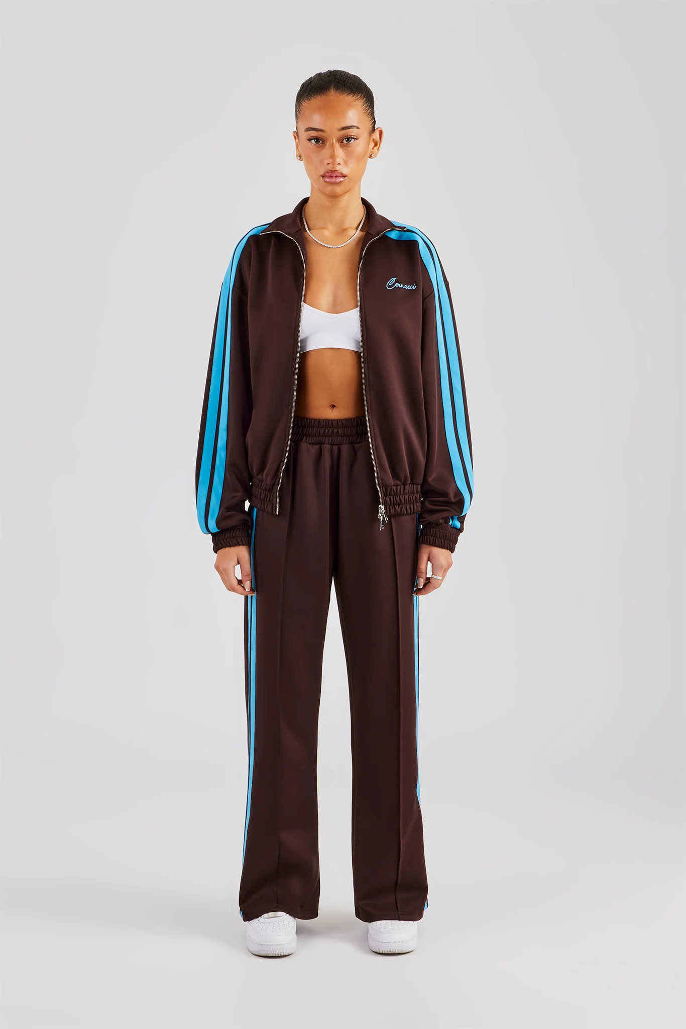 Funnel Neck Blue Taping Zip Through Tracksuit - Chocolate - Image 7