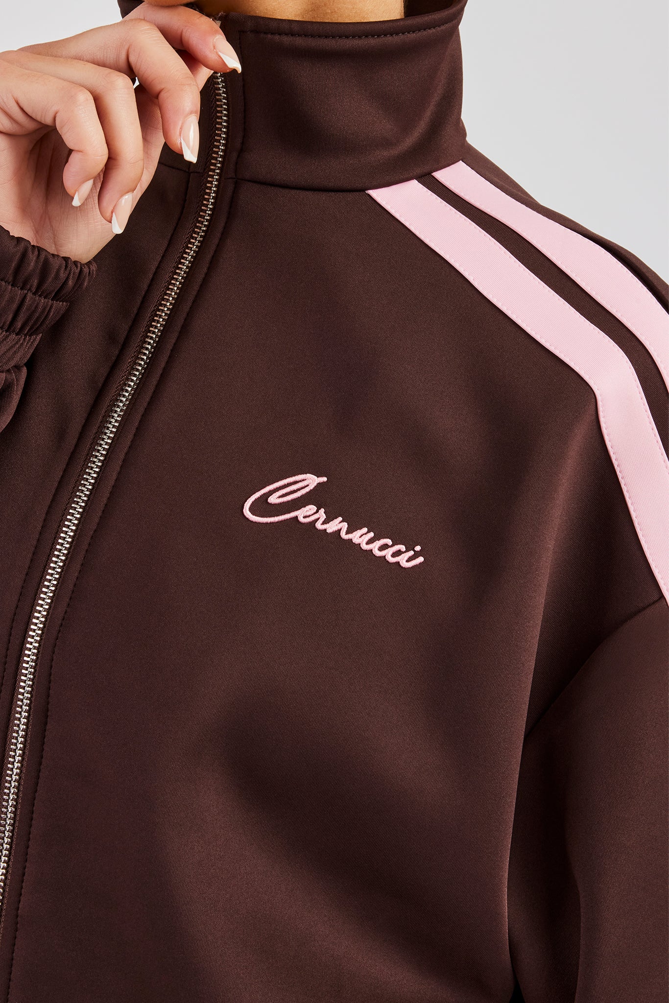 Funnel Neck Pink Taping Zip Through Track Jacket - Chocolate - Image 2