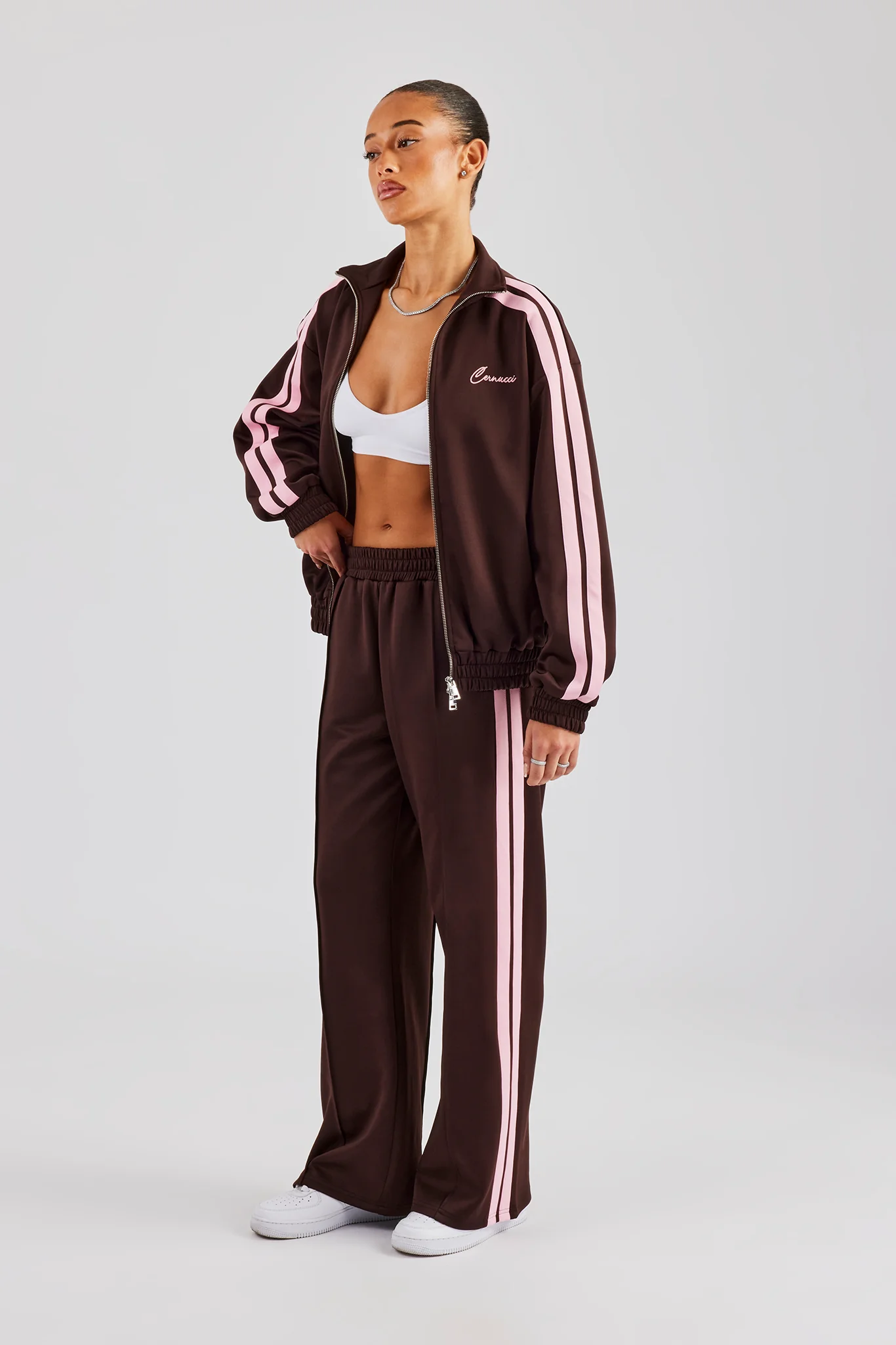 Funnel Neck Pink Taping Zip Through Track Jacket - Chocolate - Image 3
