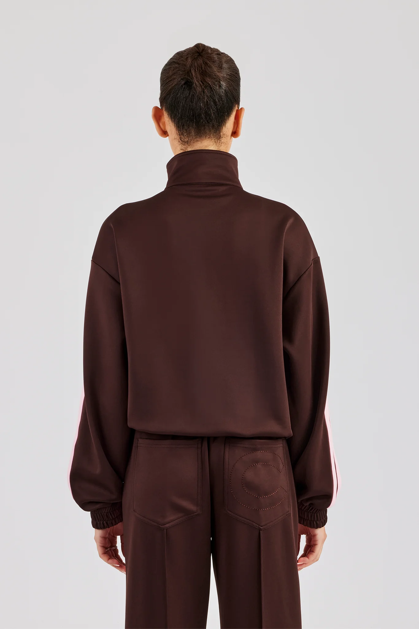Funnel Neck Pink Taping Zip Through Track Jacket - Chocolate - Image 4