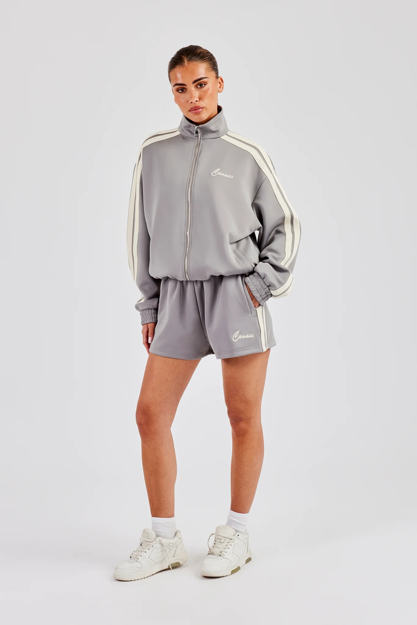 Funnel Neck Taping Jacket & Shorts - Grey - Image 4