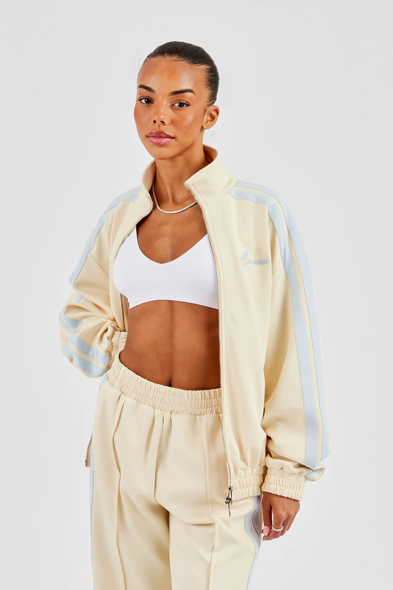 Funnel Neck Taping Zip Through Track Jacket - Butter Yellow - Image 3